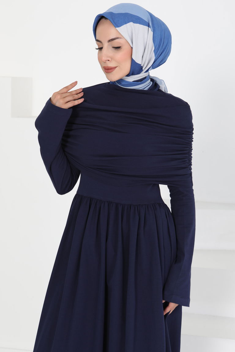 Üstü Şal Detaylı Elbise Lacivert - 27282 - TOFİSA
