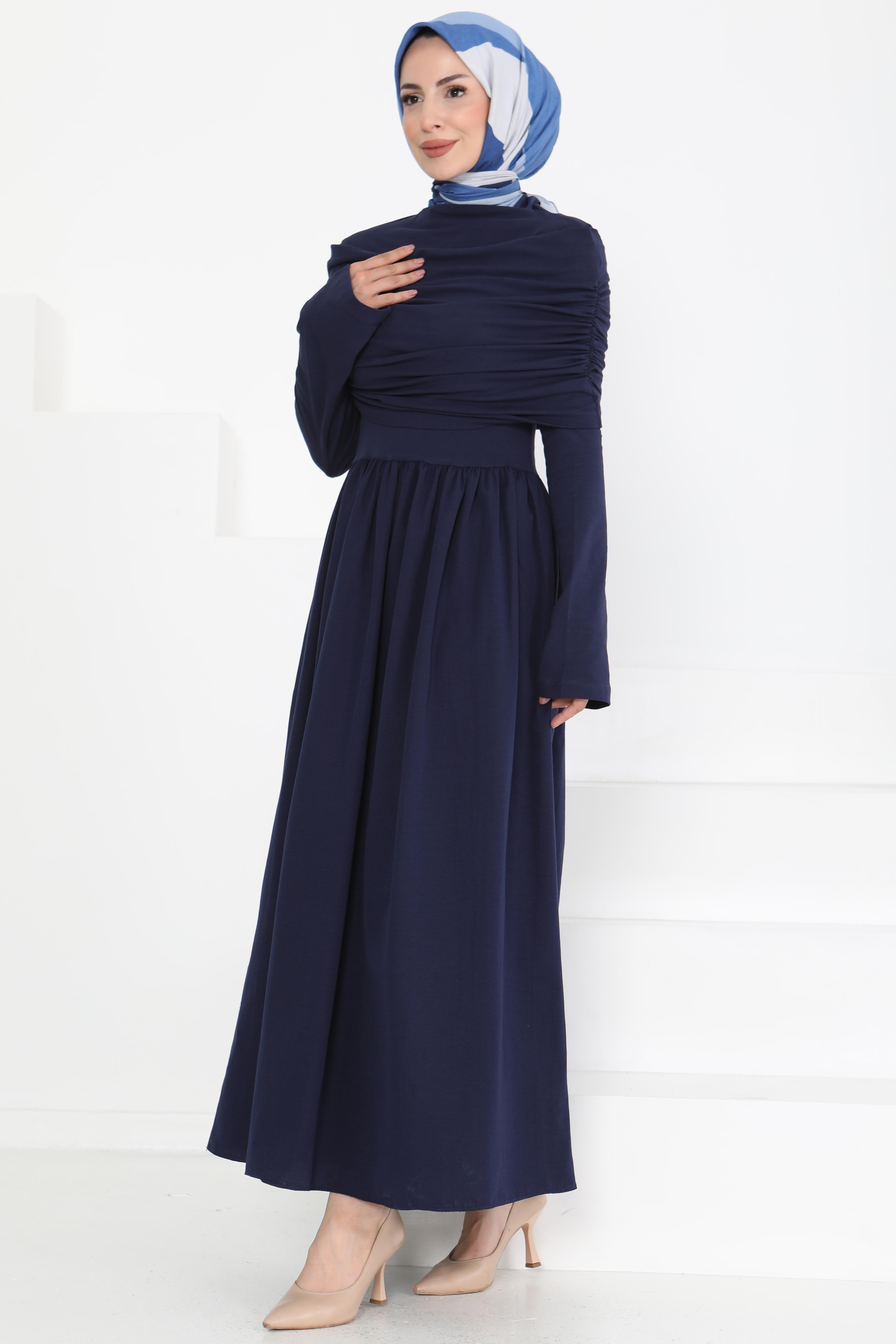 Üstü Şal Detaylı Elbise Lacivert - 27282 - 3
