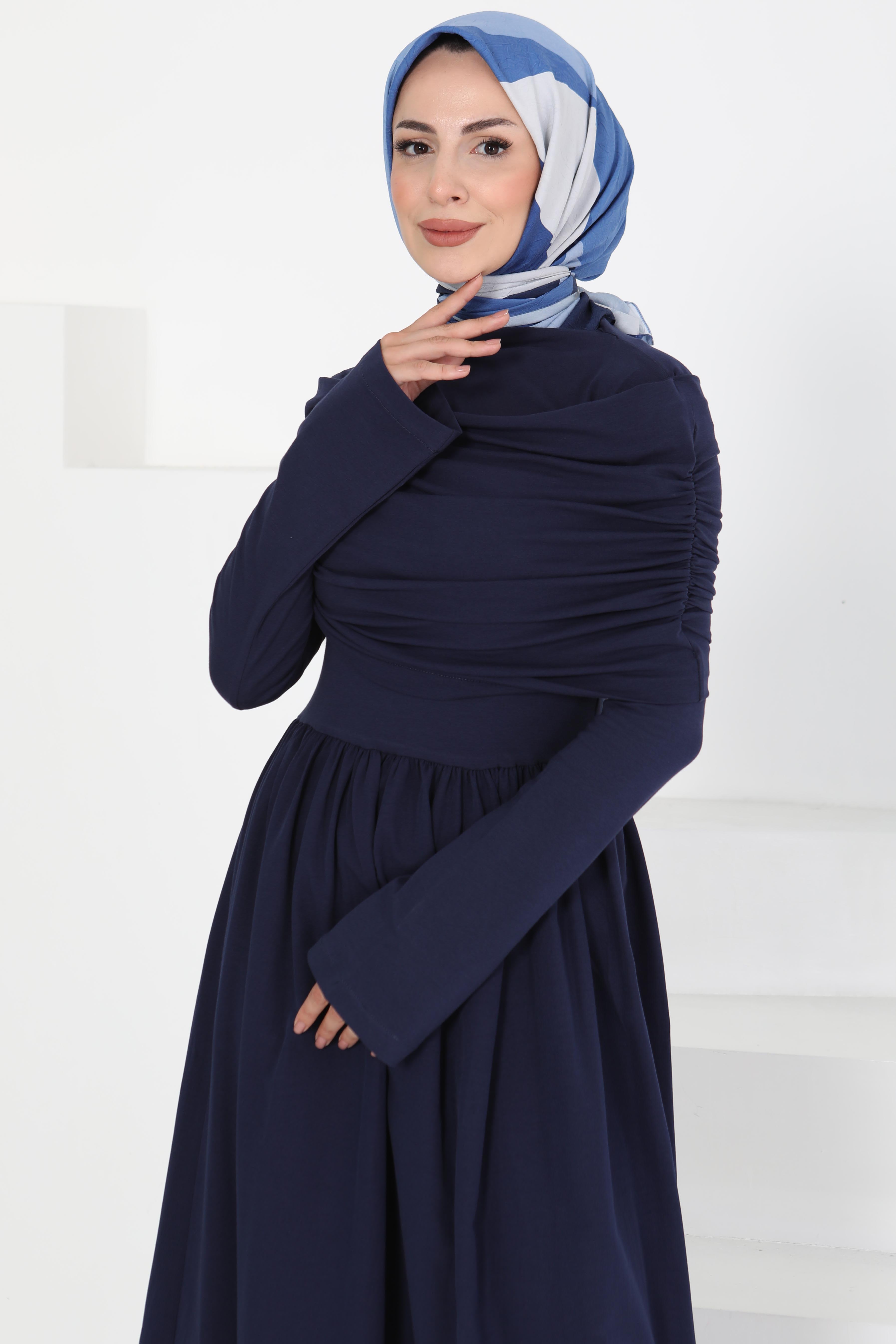 Üstü Şal Detaylı Elbise Lacivert - 27282 - 4