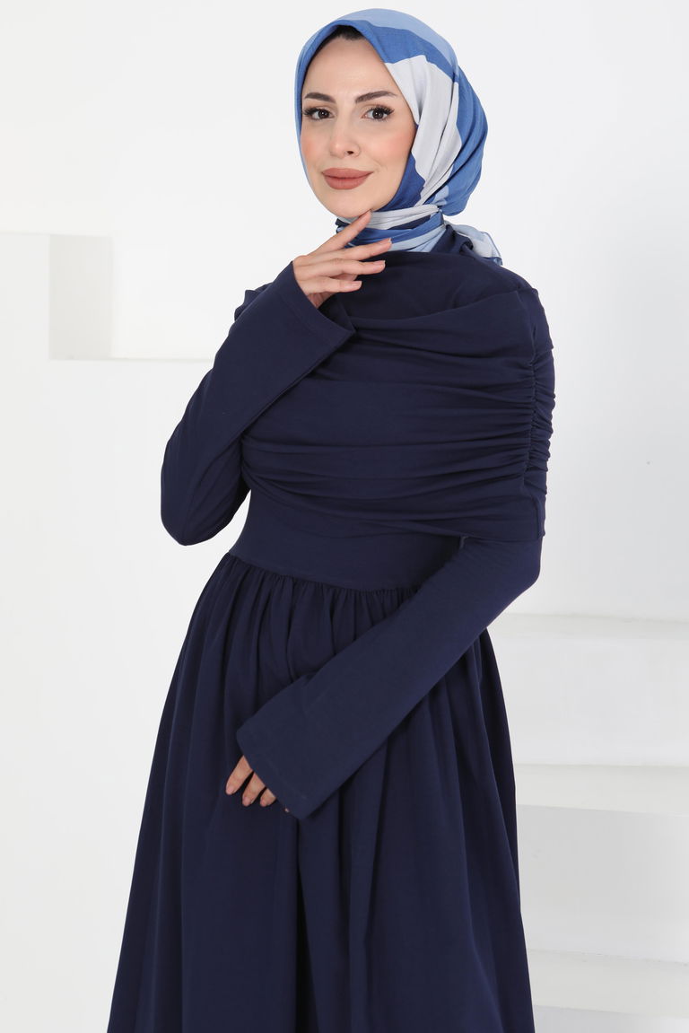 Üstü Şal Detaylı Elbise Lacivert - 27282 - TOFİSA