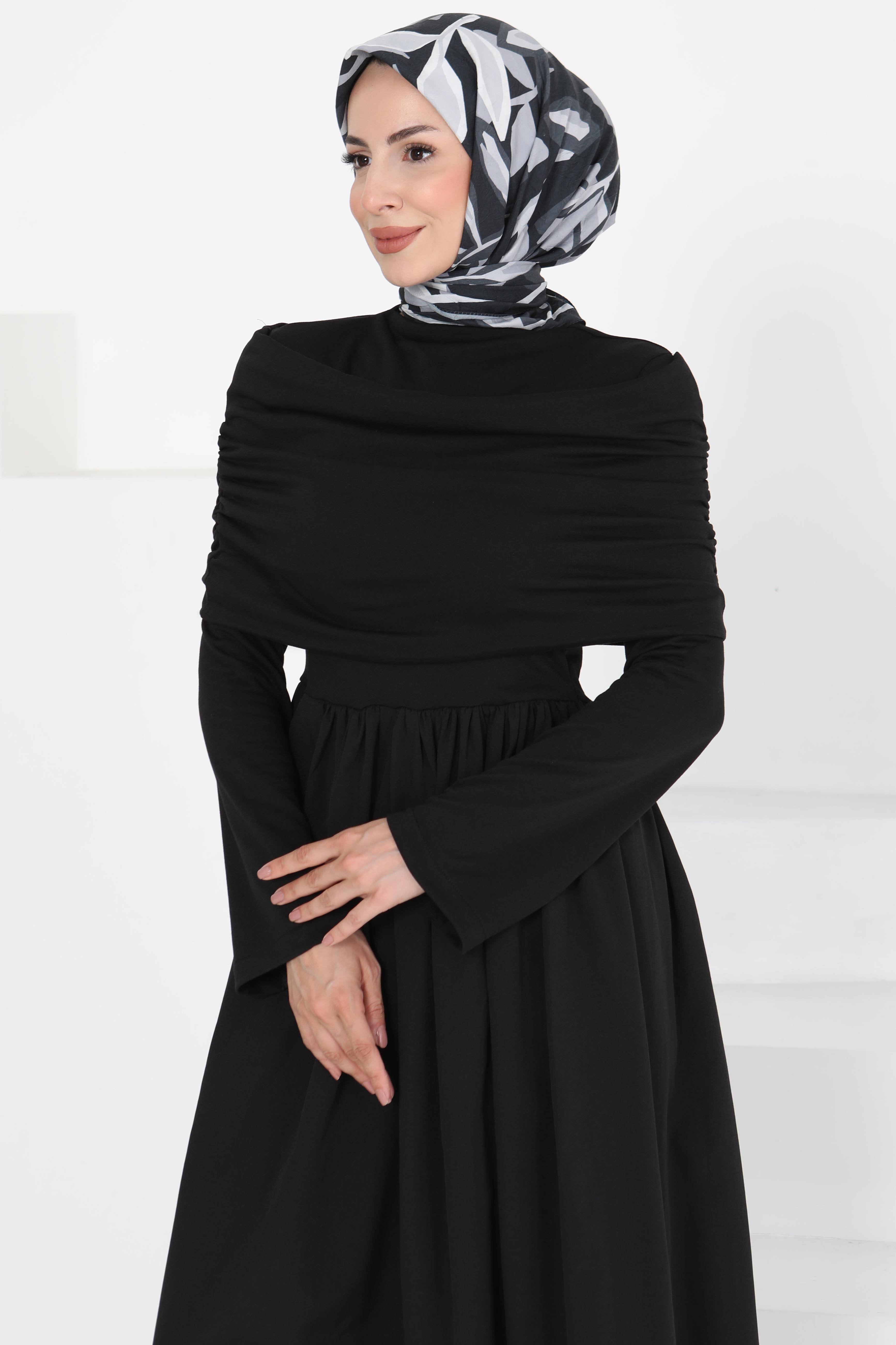 Üstü Şal Detaylı Elbise Siyah - 27282 - 1