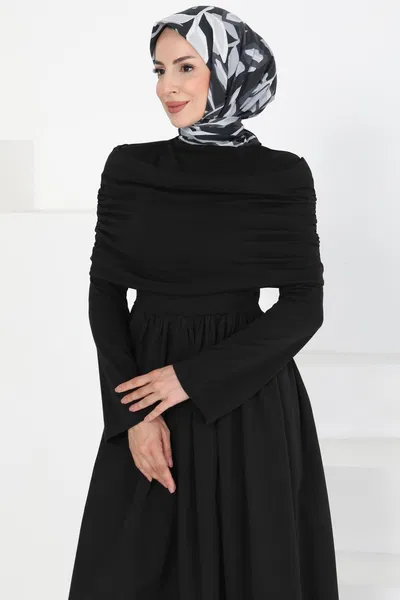 Üstü Şal Detaylı Elbise Siyah - 27282 