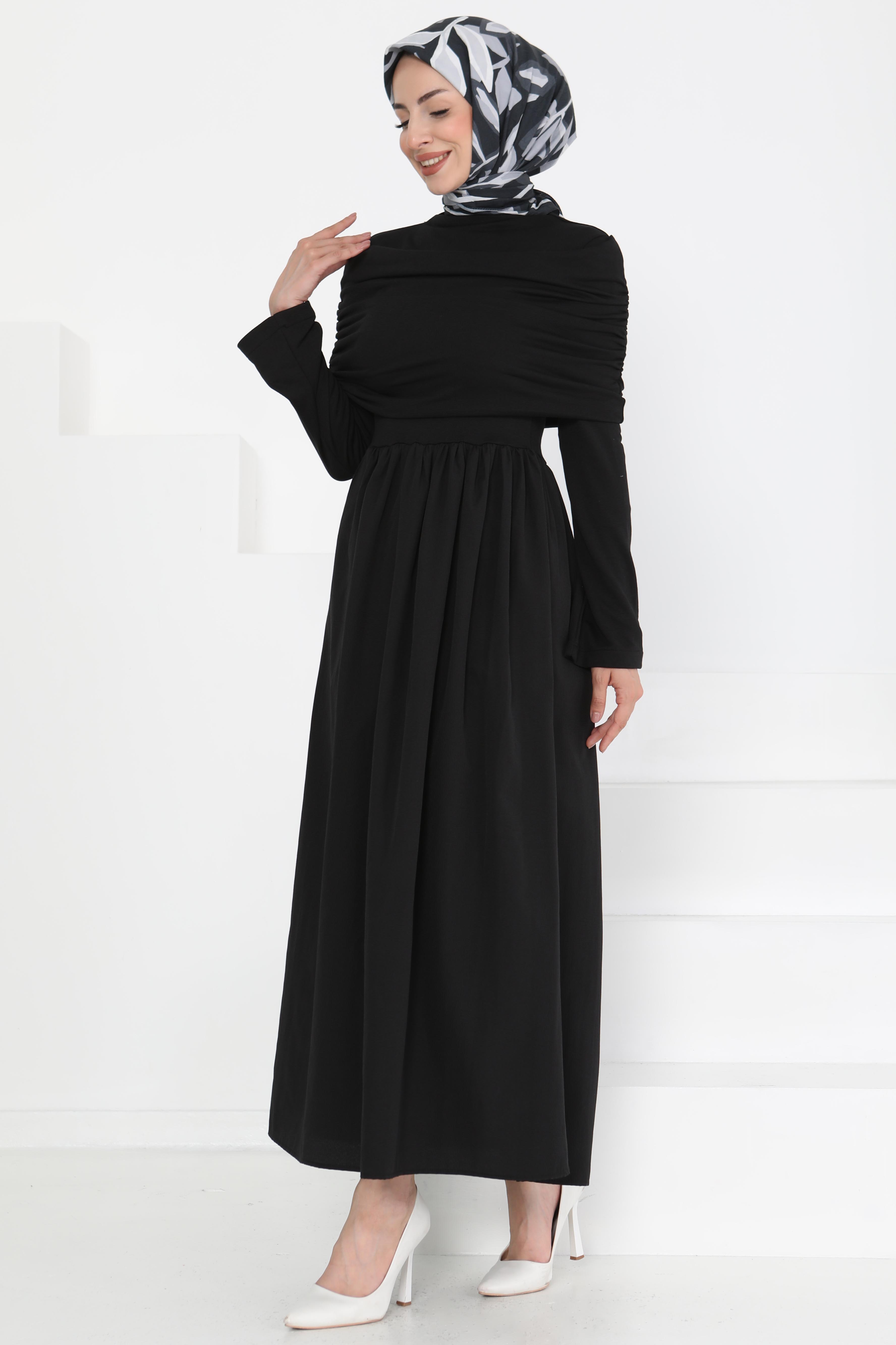 Üstü Şal Detaylı Elbise Siyah - 27282 - 2