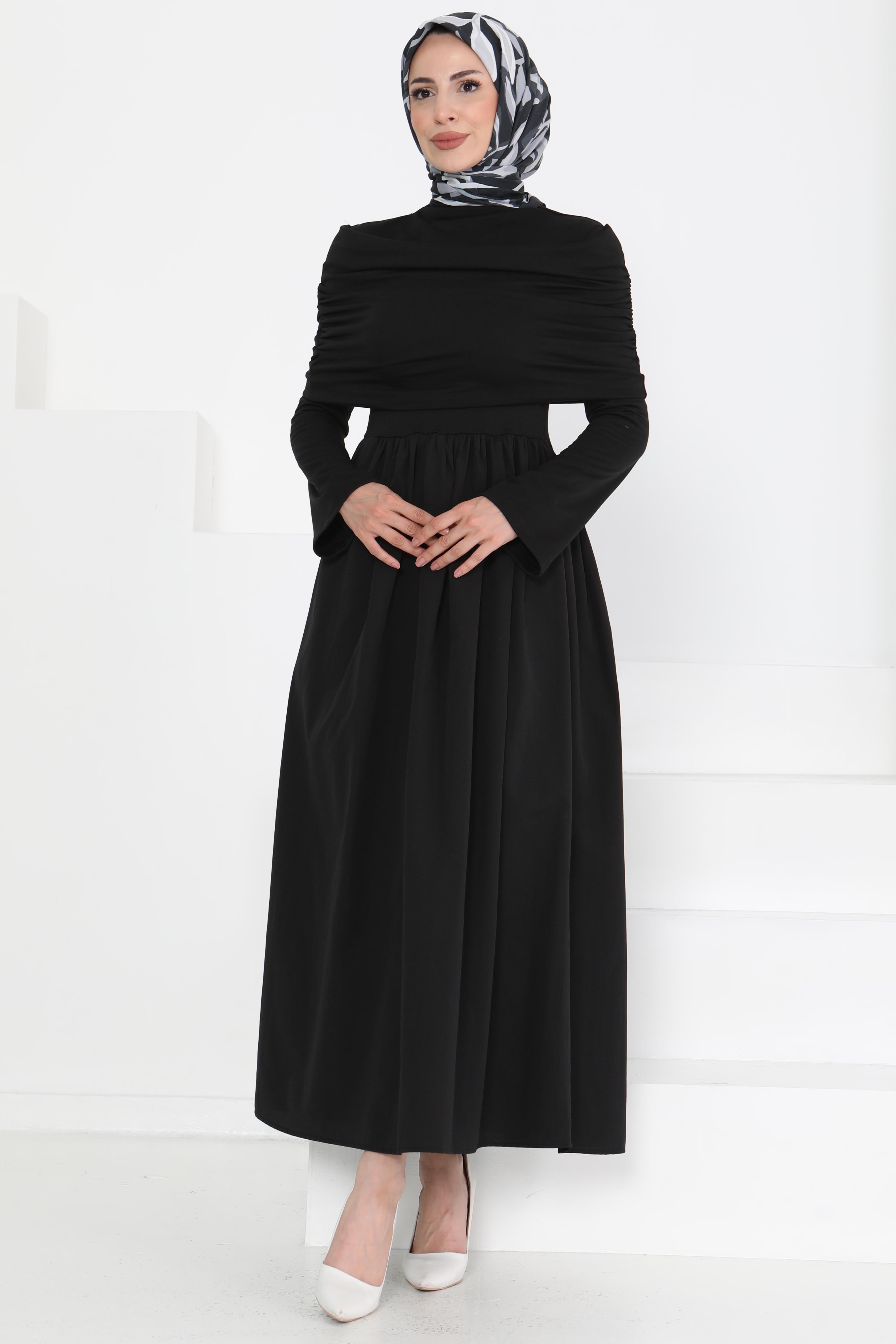 Üstü Şal Detaylı Elbise Siyah - 27282 - 3