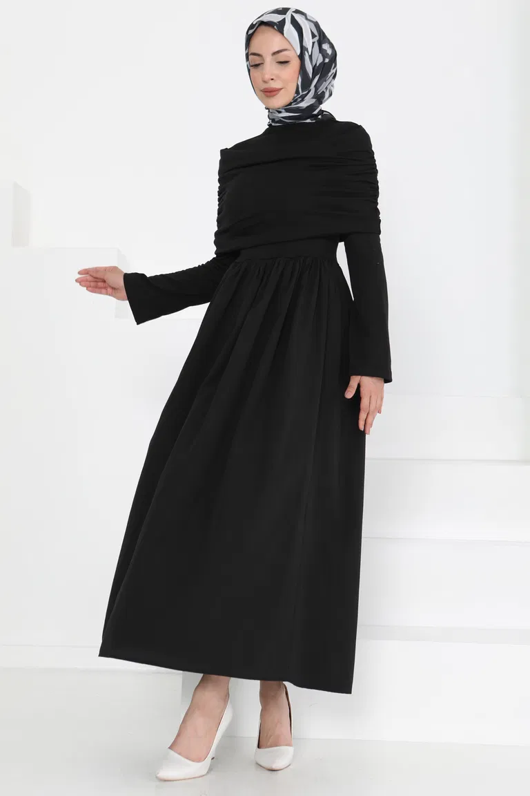 Üstü Şal Detaylı Elbise Siyah - 27282 - TOFİSA