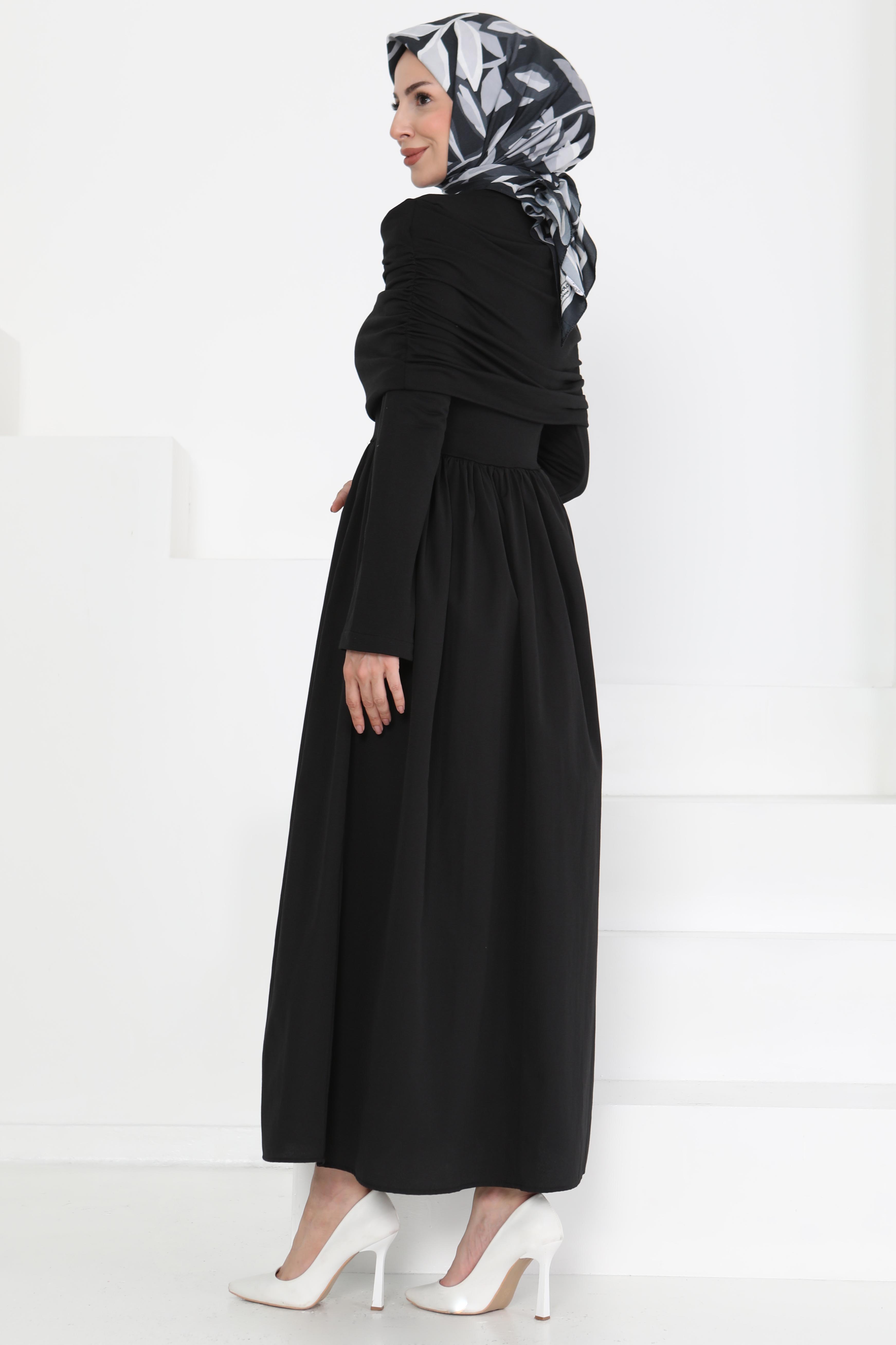 Üstü Şal Detaylı Elbise Siyah - 27282 - 6