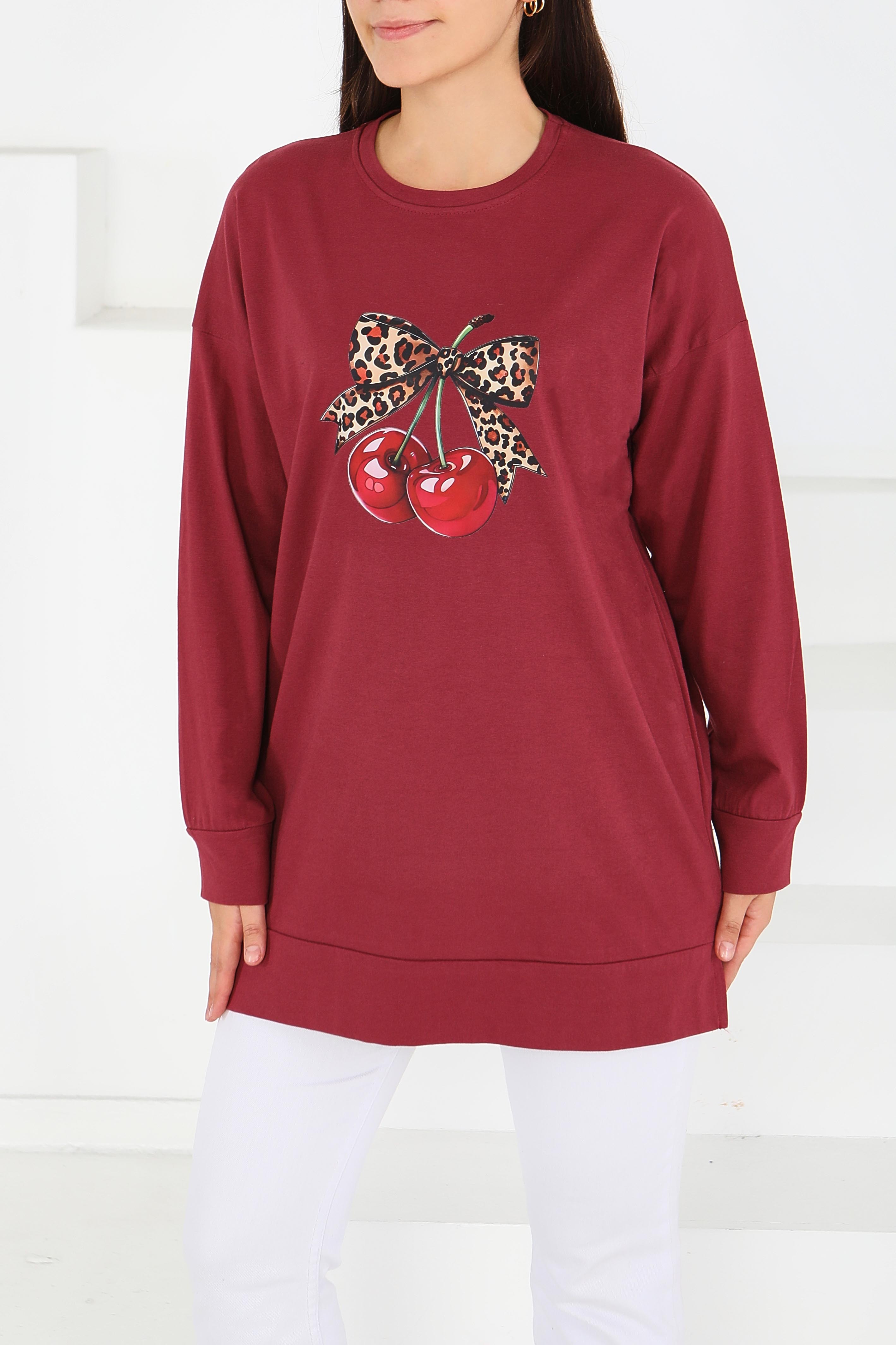 Uzun Kollu Baskılı Süprem Tunik - 27588-BORDO - 1