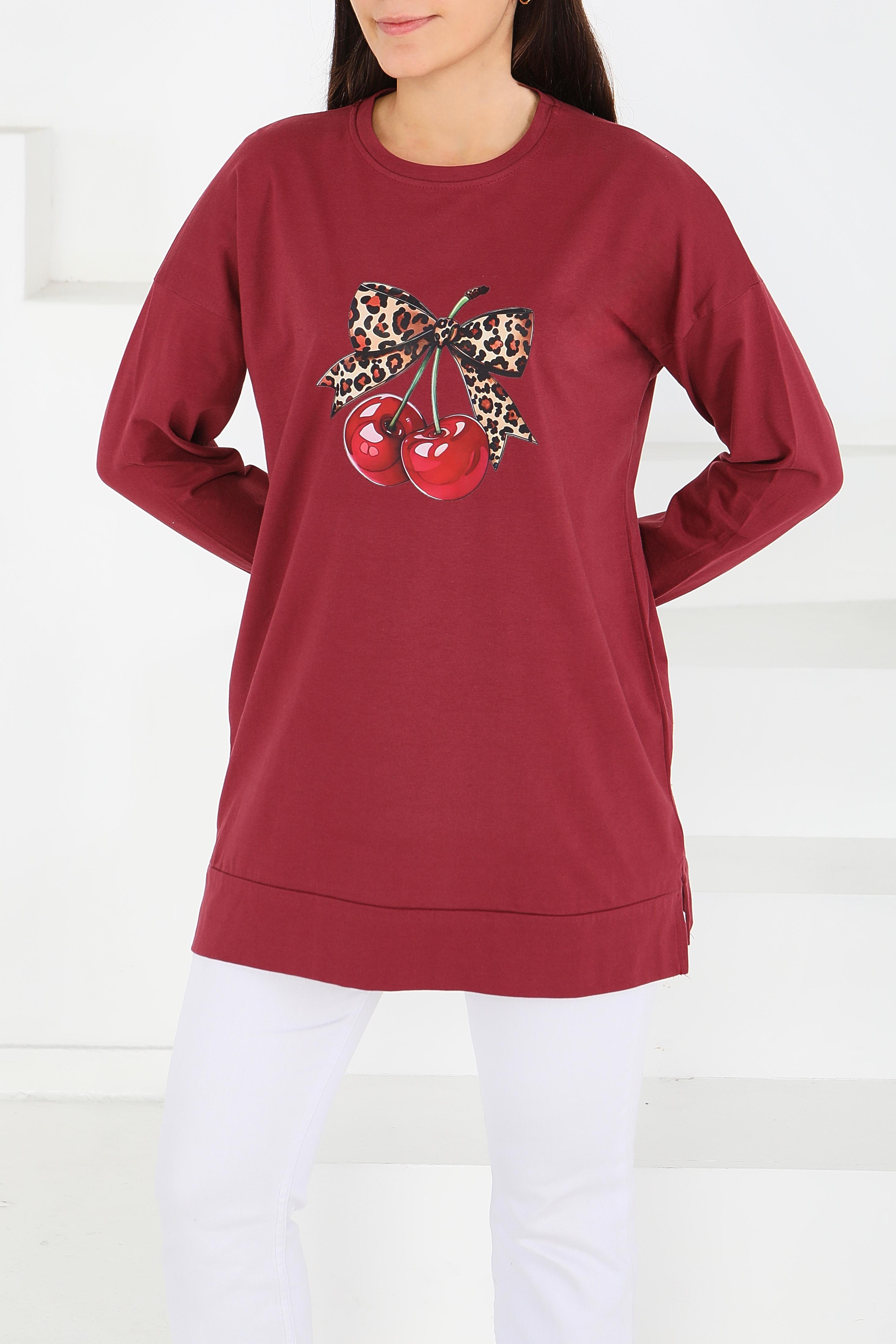 Uzun Kollu Baskılı Süprem Tunik - 27588-BORDO - 2