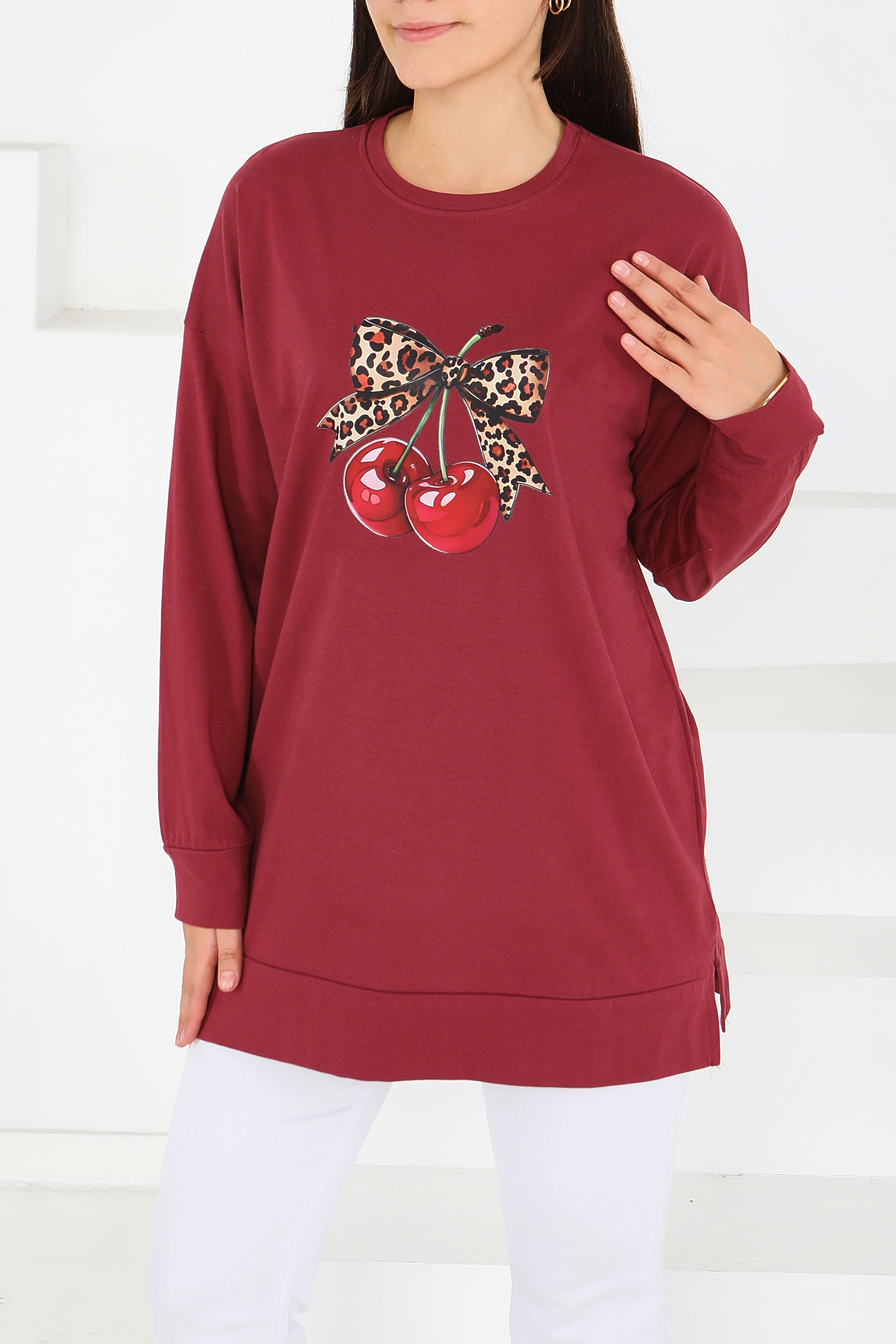 Uzun Kollu Baskılı Süprem Tunik - 27588-BORDO - 3