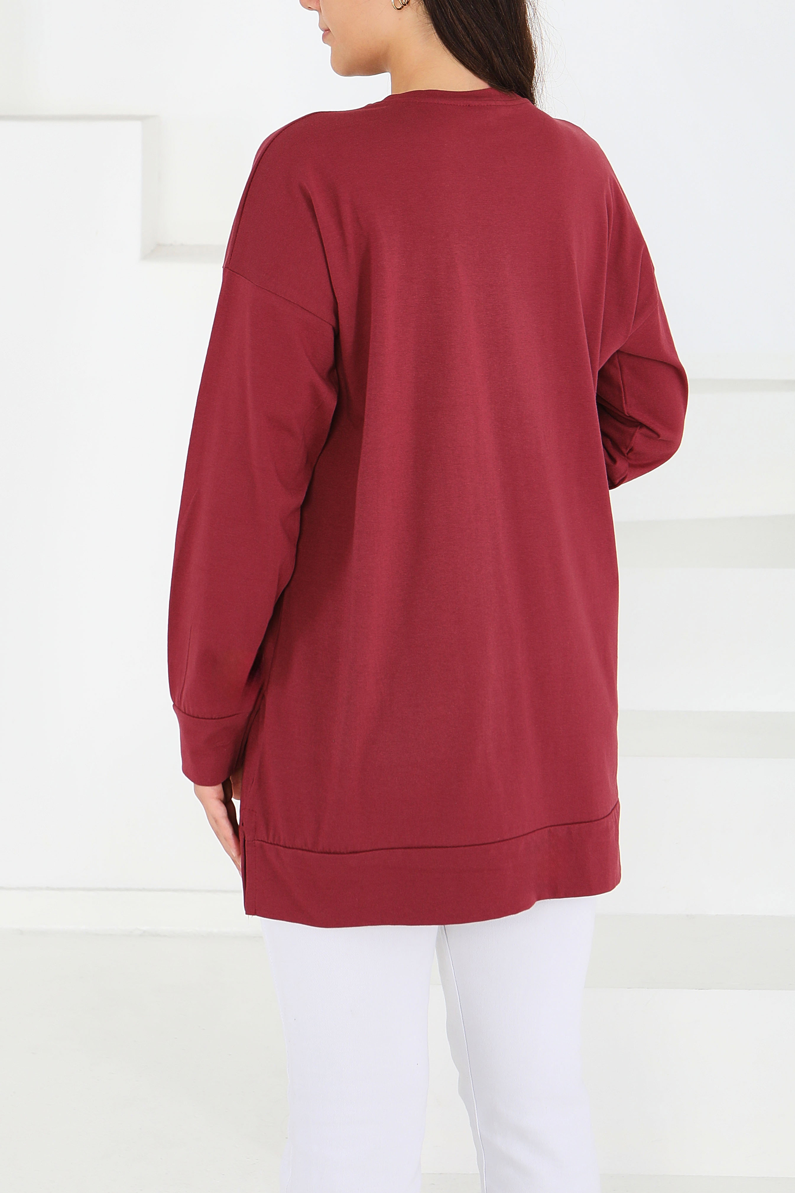 Uzun Kollu Baskılı Süprem Tunik - 27588-BORDO - 4