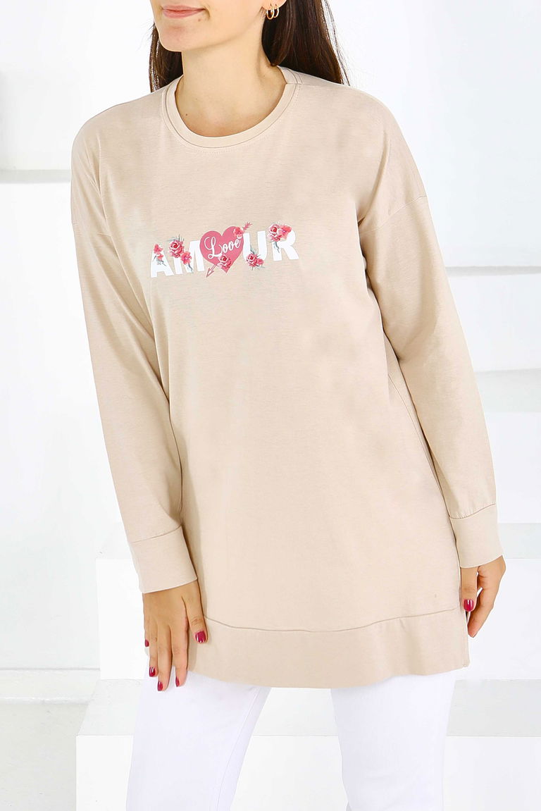 Uzun Kollu Baskılı Tunik - 27584 - TOFİSA