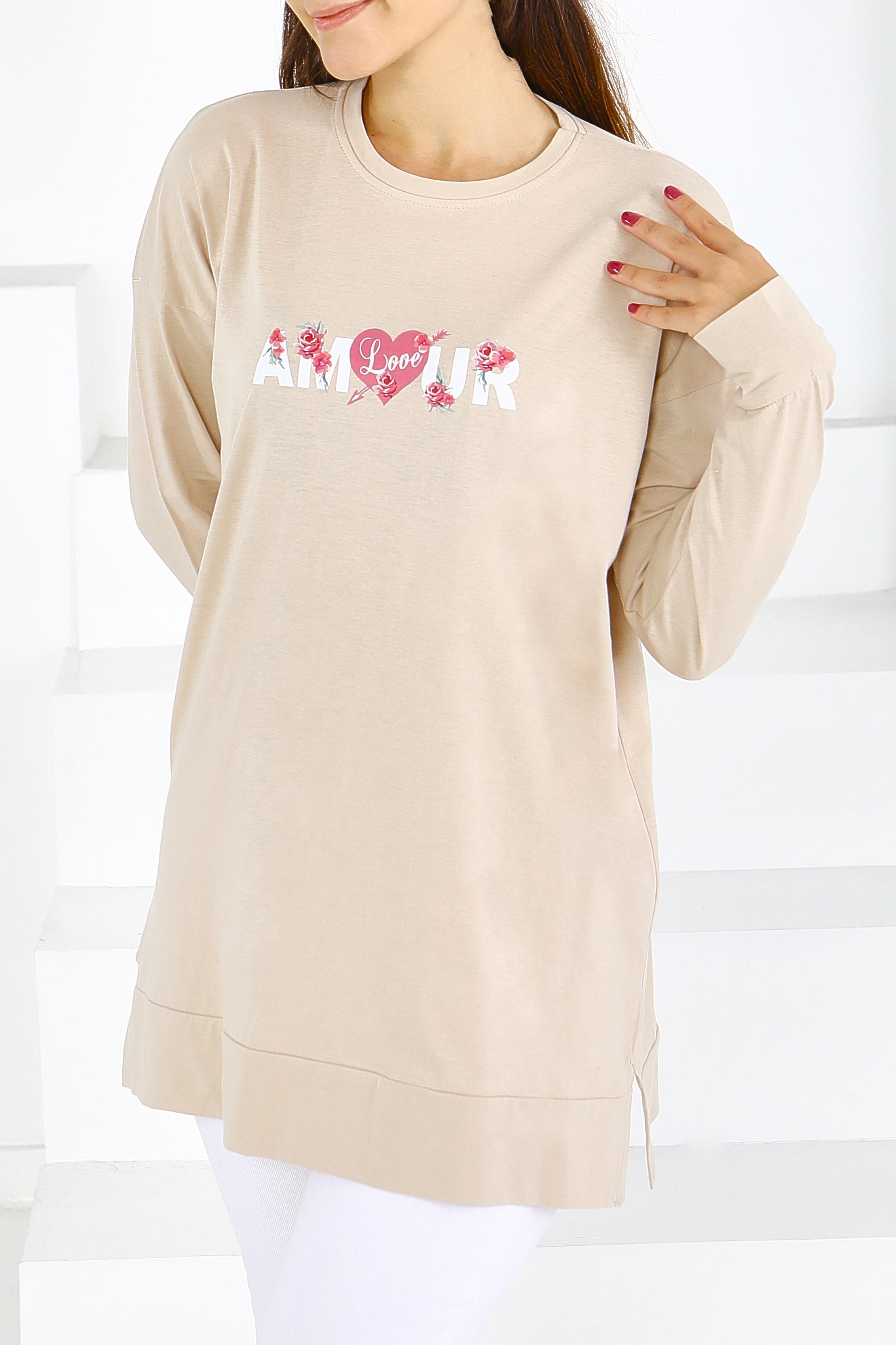 Uzun Kollu Baskılı Tunik - 27584 - 2