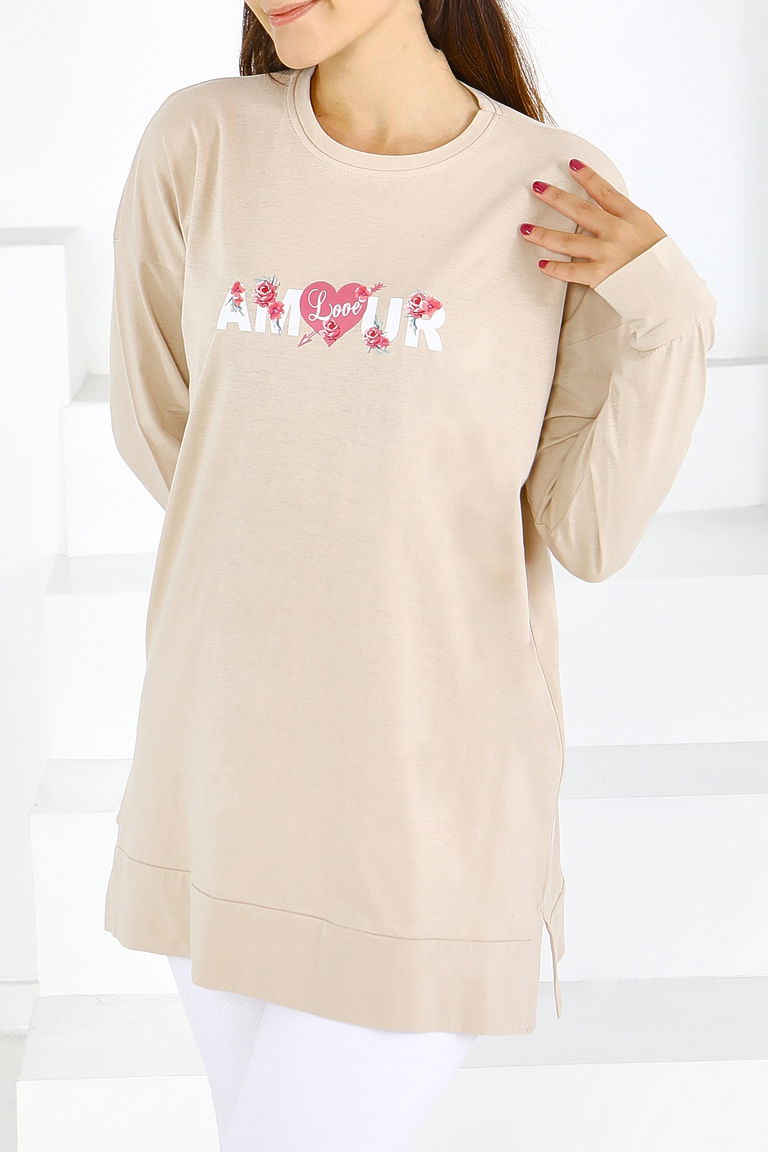 Uzun Kollu Baskılı Tunik - 27584 - TOFİSA