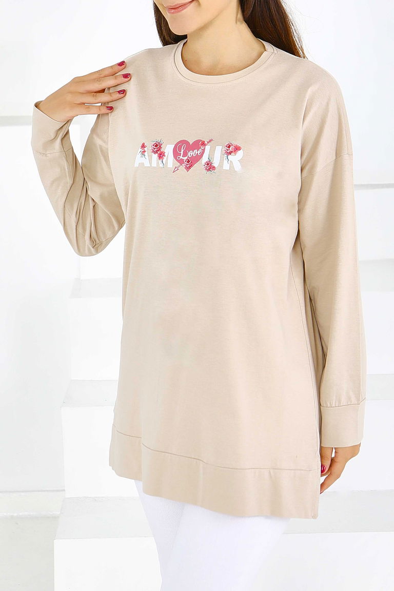 Uzun Kollu Baskılı Tunik - 27584 - TOFİSA