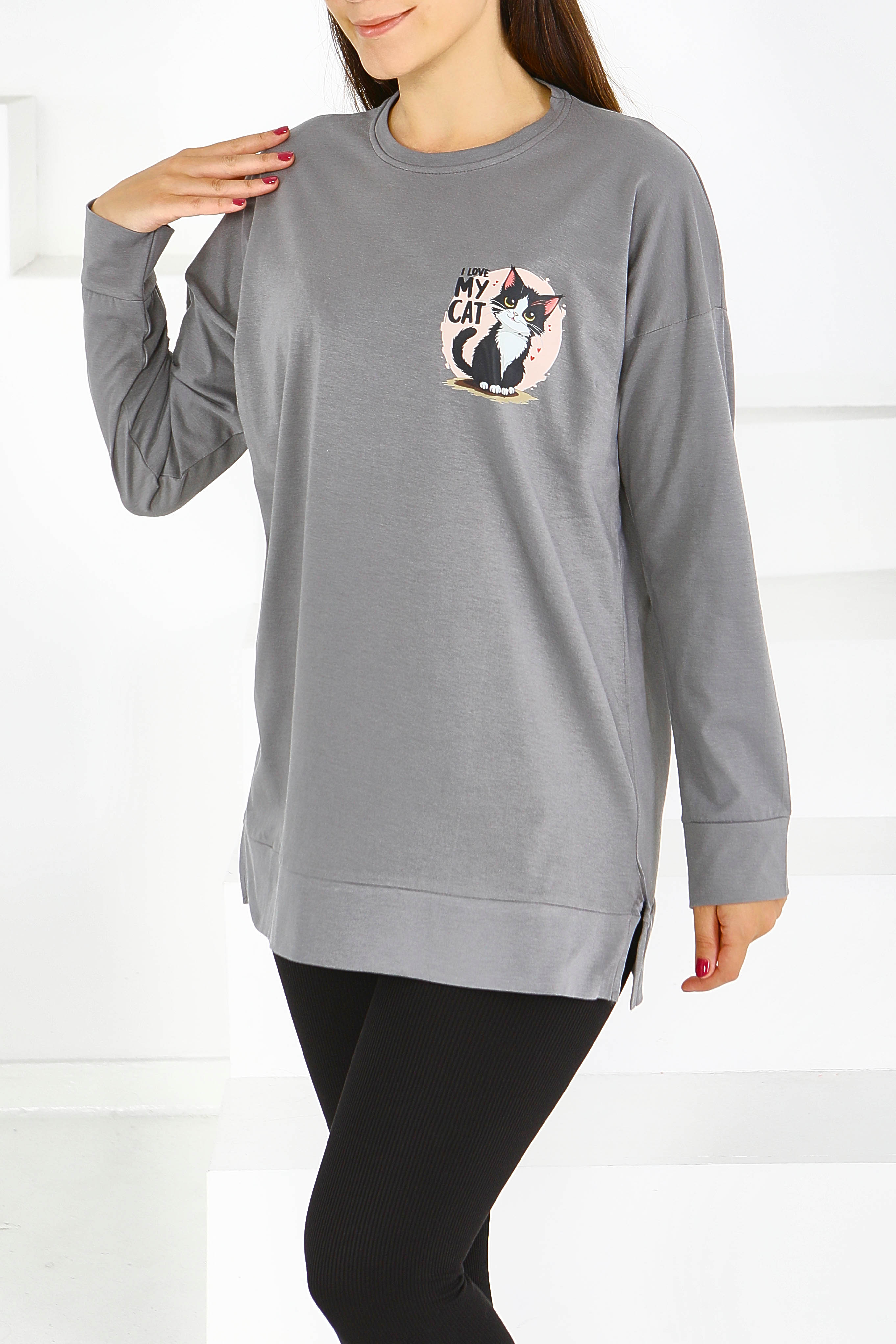 Uzun Kollu Baskılı Tunik - 27585 - 2