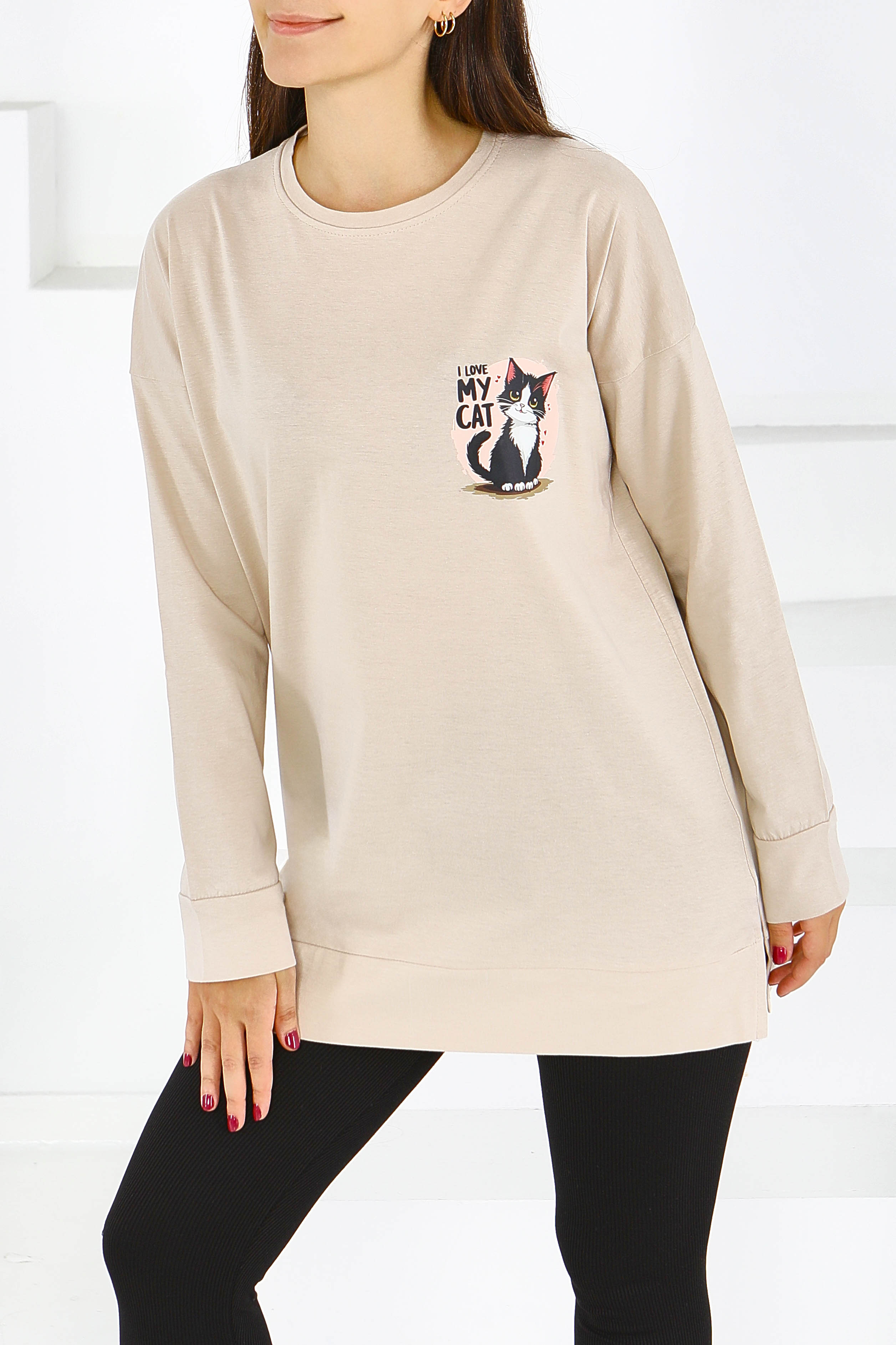 Uzun Kollu Baskılı Tunik - 27585 - 1