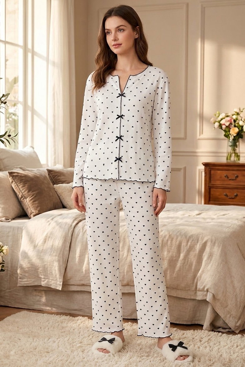 Uzun Kollu Düğmeli Pijama Takımı Beyaz - 28592-BEYAZ - 1