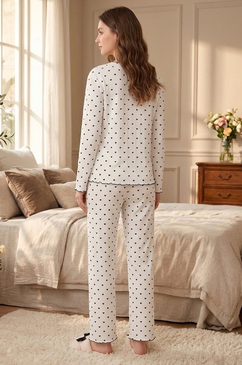 Uzun Kollu Düğmeli Pijama Takımı Beyaz - 28592-BEYAZ - 2