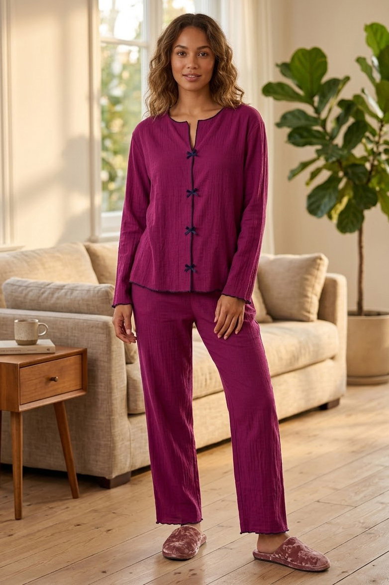 Uzun Kollu Düğmeli Pijama Takımı Bordo - 28592-BORDO - 1