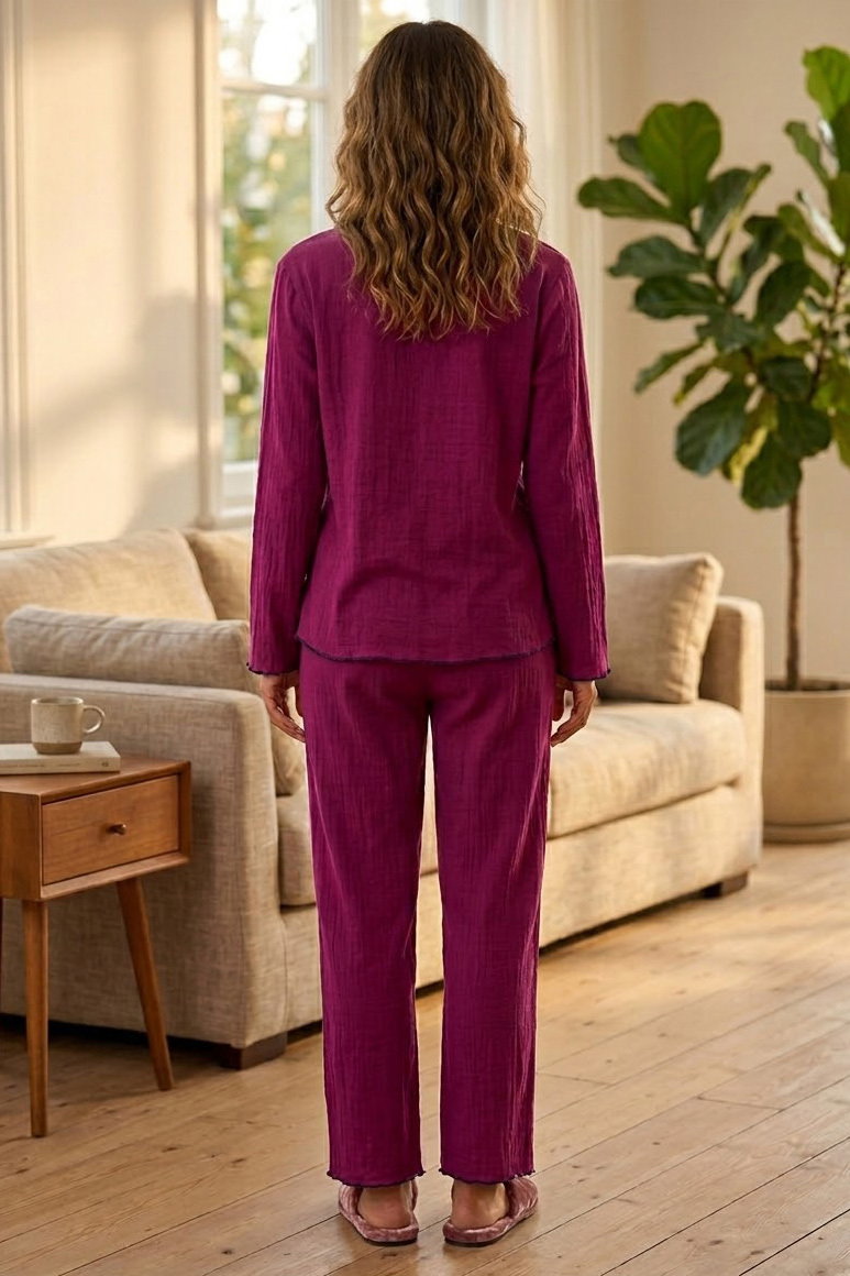 Uzun Kollu Düğmeli Pijama Takımı Bordo - 28592-BORDO - 2