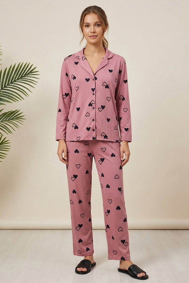 Uzun kollu düğmeli pijama takımı Gul - 28597-GUL - 1