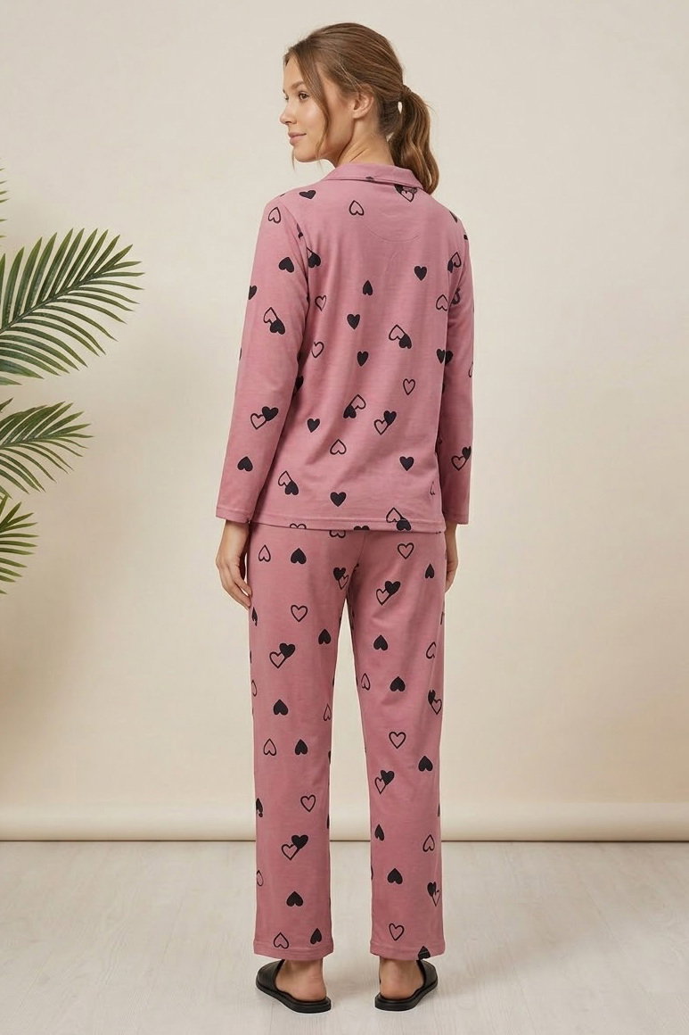 Uzun kollu düğmeli pijama takımı Gul - 28597-GUL - 2