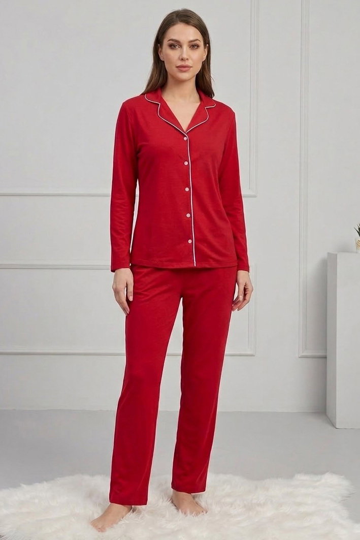 Uzun kollu düğmeli pijama takımı Kirmizi - 28601-KIRMIZI - 1