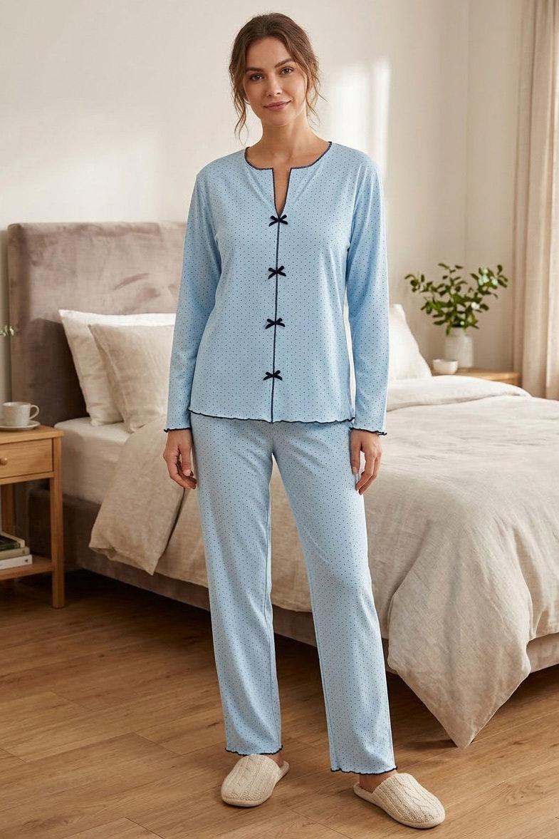 Uzun Kollu Düğmeli Pijama Takımı Mavi - 28592-MAVI - 1