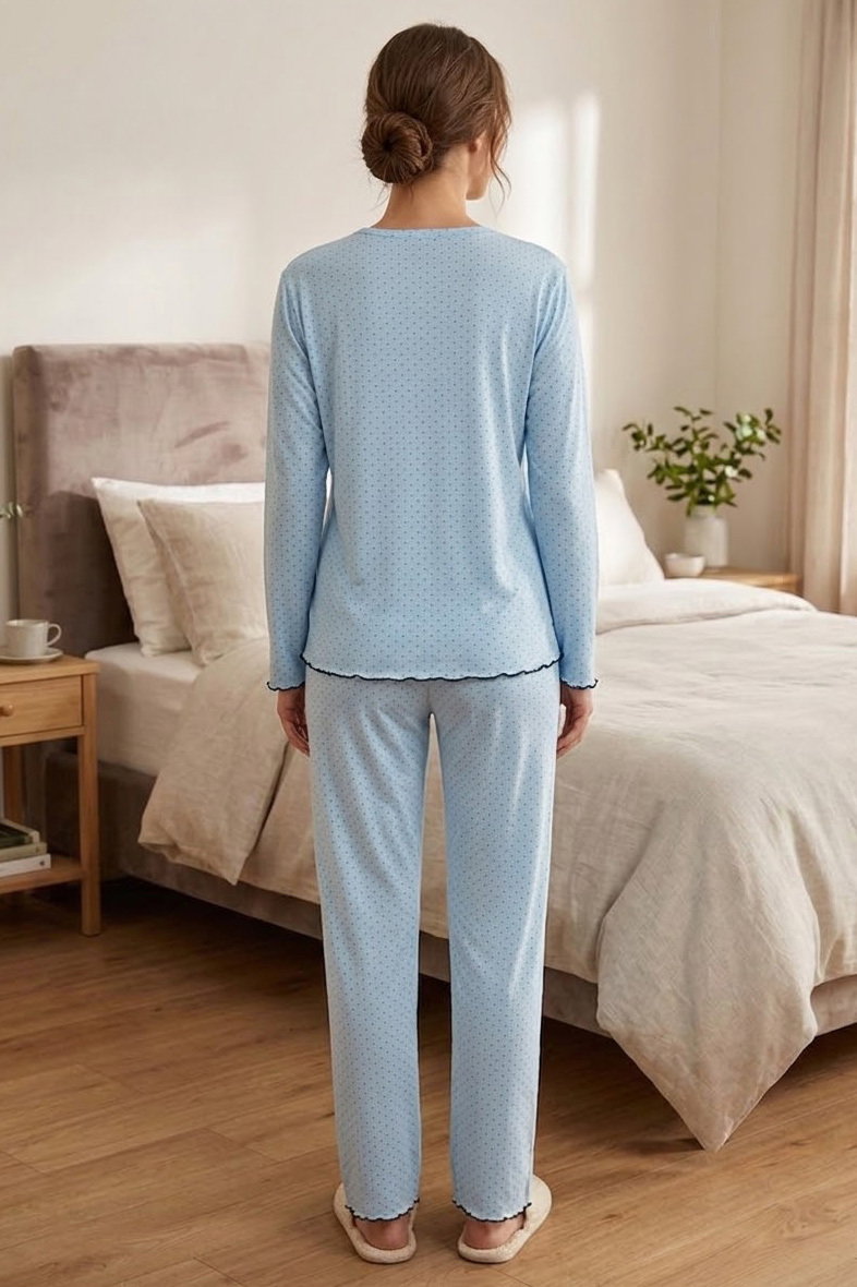 Uzun Kollu Düğmeli Pijama Takımı Mavi - 28592-MAVI - 2