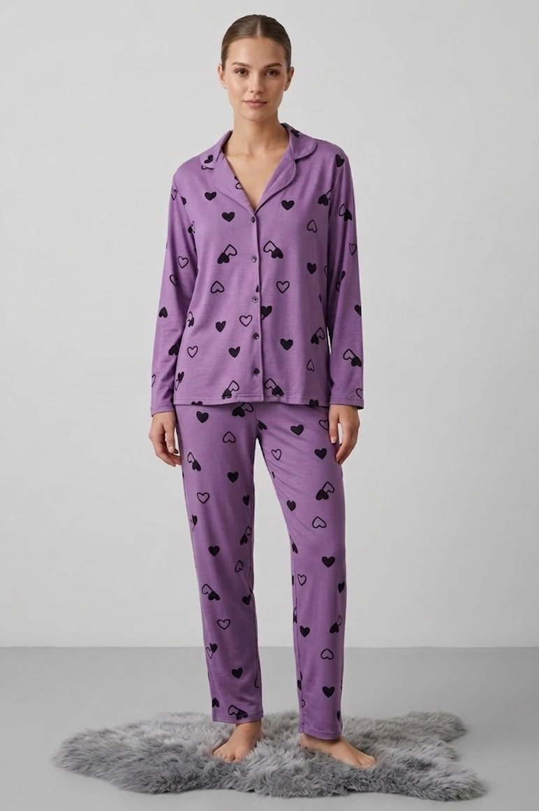 Uzun kollu düğmeli pijama takımı Mor - 28597-MOR - 1