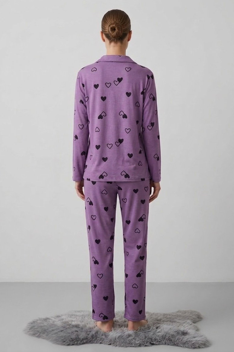 Uzun kollu düğmeli pijama takımı Mor - 28597-MOR - 2
