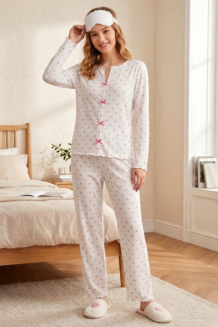 Uzun Kollu Düğmeli Pijama Takımı Pembe - 28592-PEMBE - 1