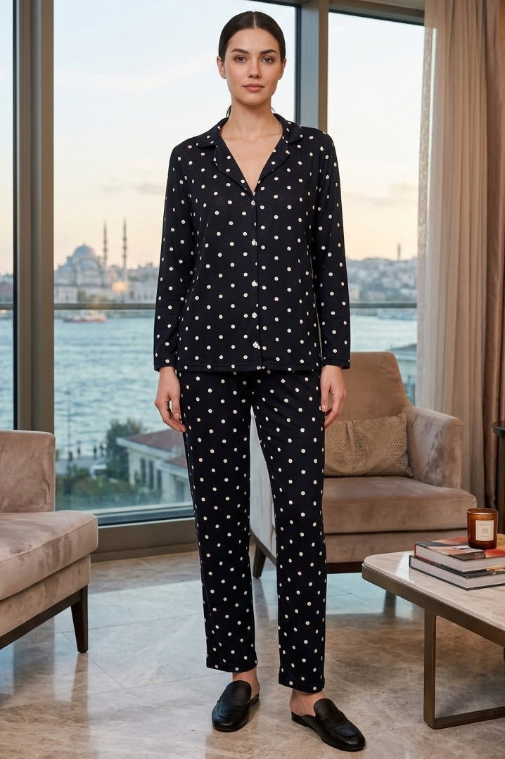 Uzun kollu düğmeli pijama takımı Siyah - 28597-SIYAH - 1