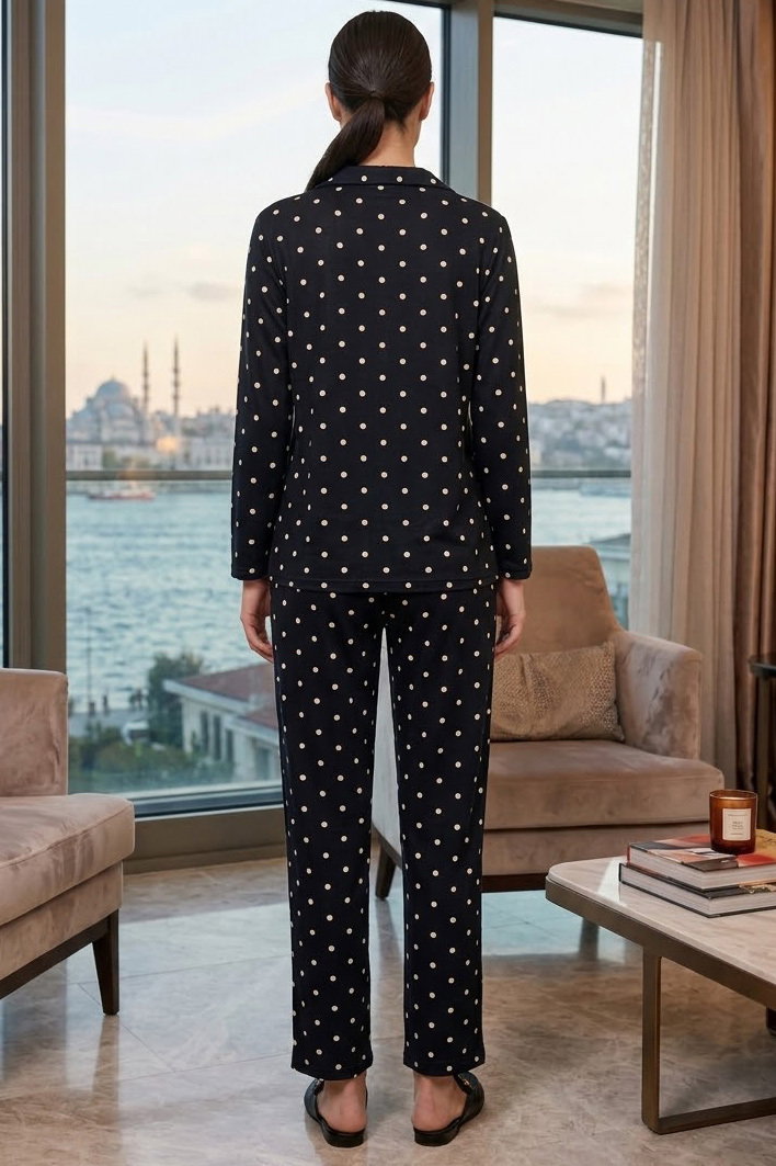 Uzun kollu düğmeli pijama takımı Siyah - 28597-SIYAH - 2