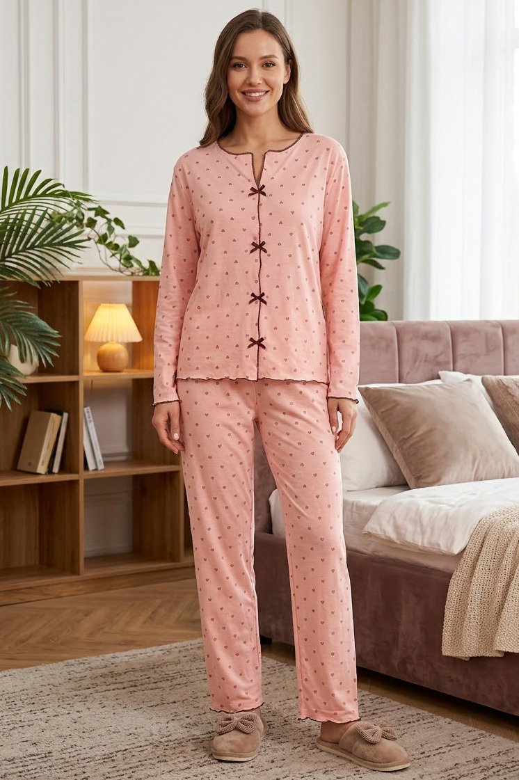 Uzun Kollu Düğmeli Pijama Takımı Somon - 28592-SOMON - 1