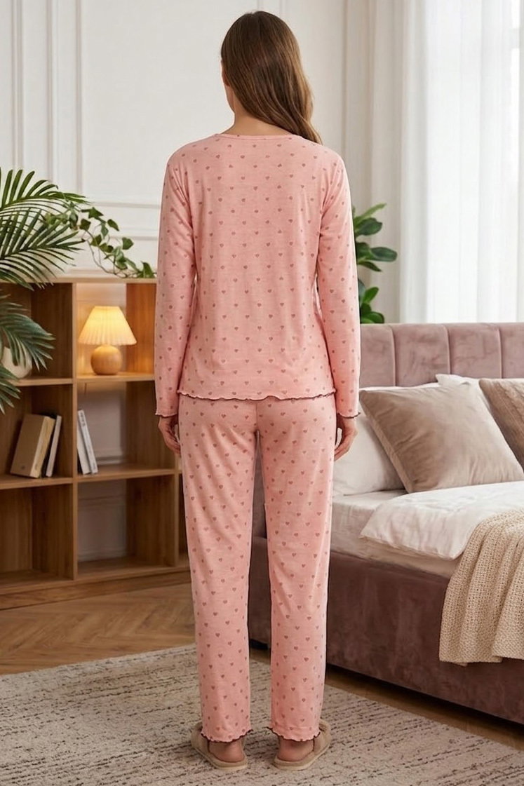 Uzun Kollu Düğmeli Pijama Takımı Somon - 28592-SOMON - 2