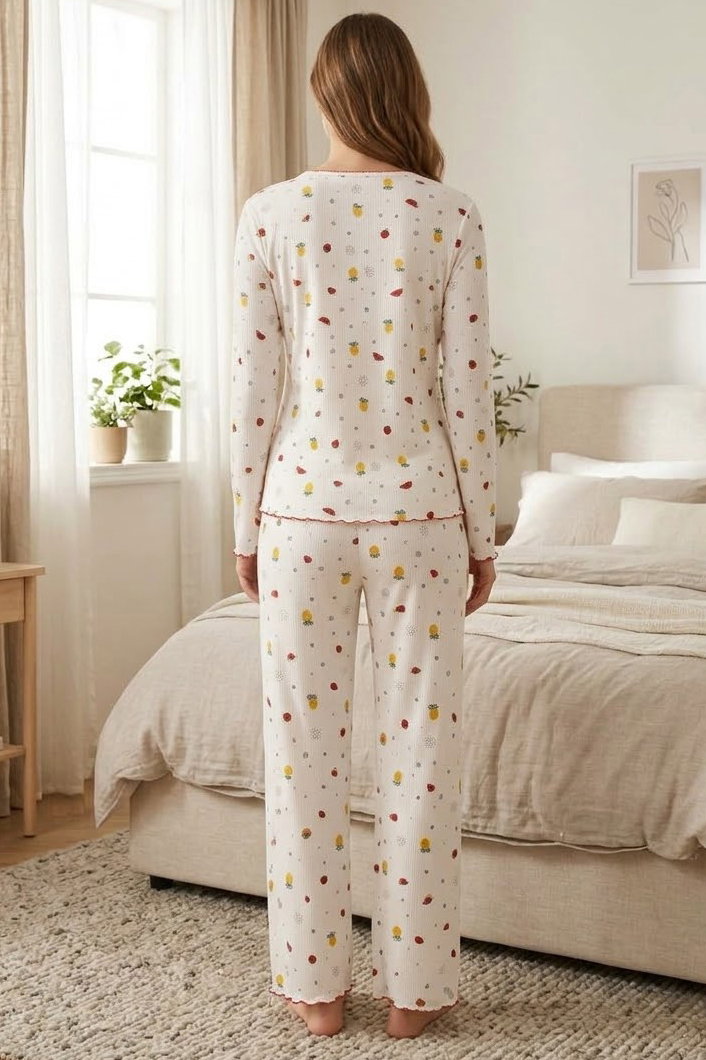 Uzun Kollu Fiyoklu Pijama Takımı Beyaz - 29094-BEYAZ - 2
