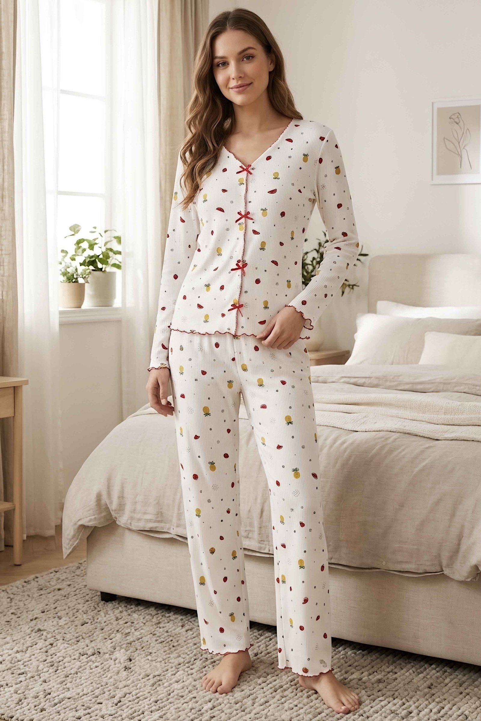 Uzun Kollu Fiyoklu Pijama Takımı Ekru - 29094-EKRU - 1