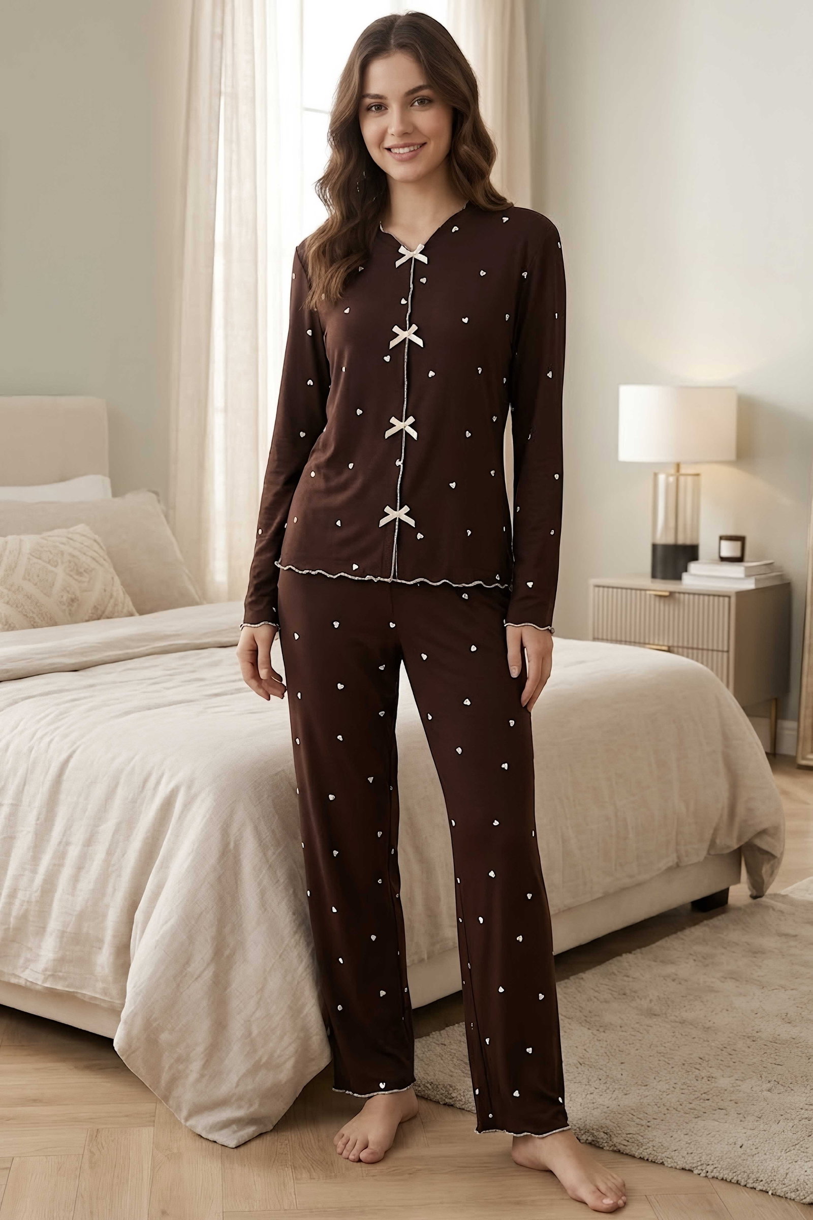Uzun Kollu Fiyoklu Pijama Takımı Kahve - 29094-KAHVE - 1