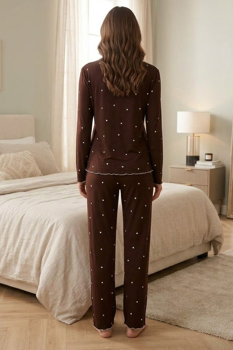 Uzun Kollu Fiyoklu Pijama Takımı Kahve - 29094-KAHVE - 2