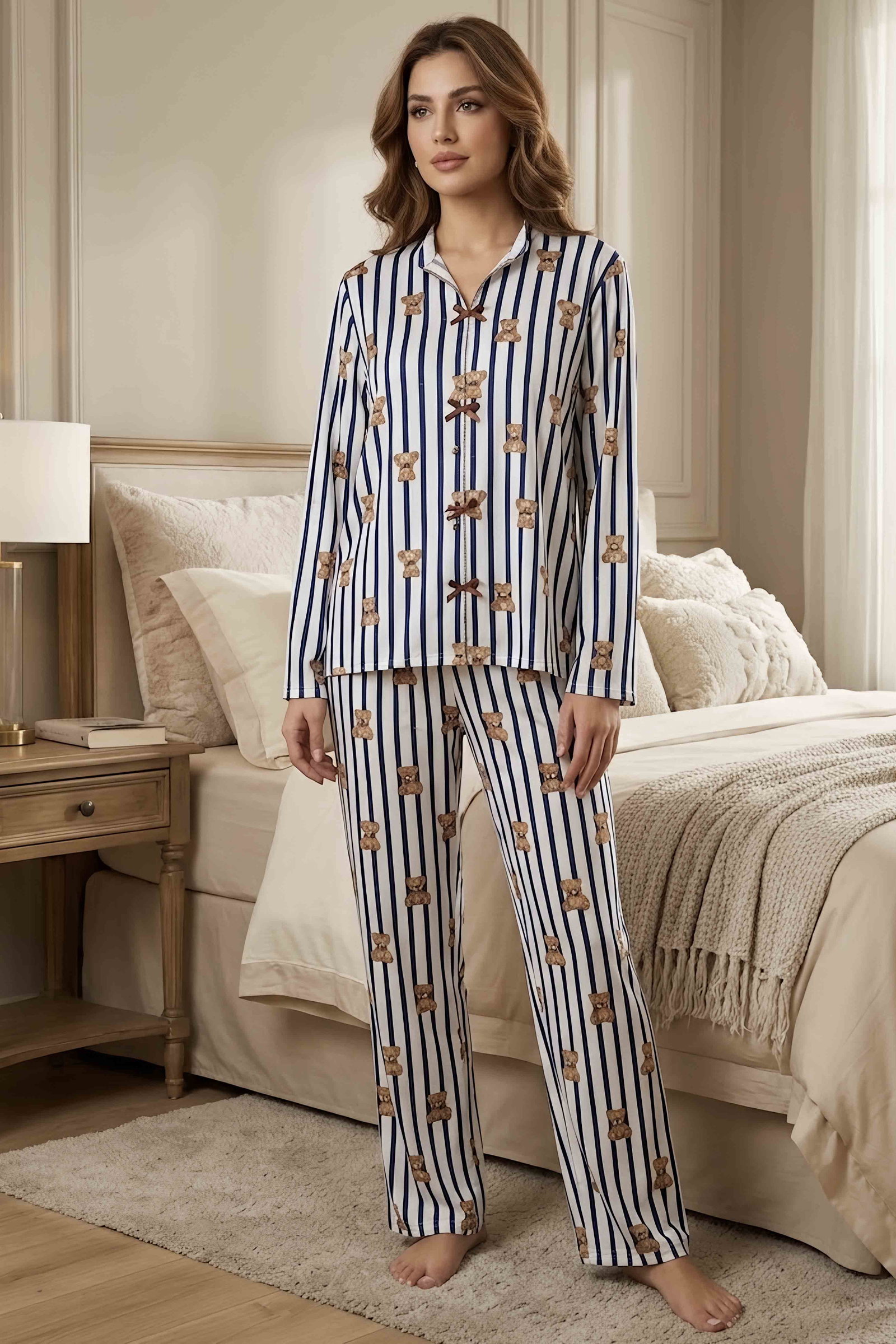 Uzun Kollu Fiyoklu Pijama Takımı Lacivert - 29094-LACIVERT - 1