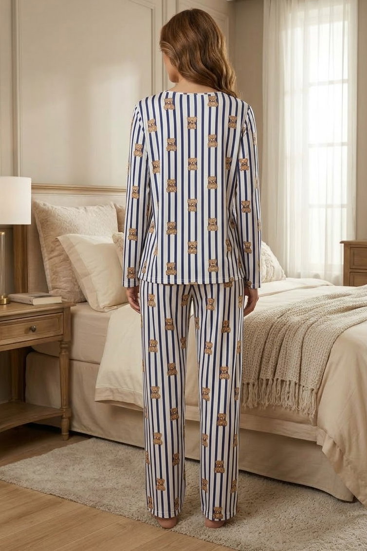 Uzun Kollu Fiyoklu Pijama Takımı Lacivert - 29094-LACIVERT - 2