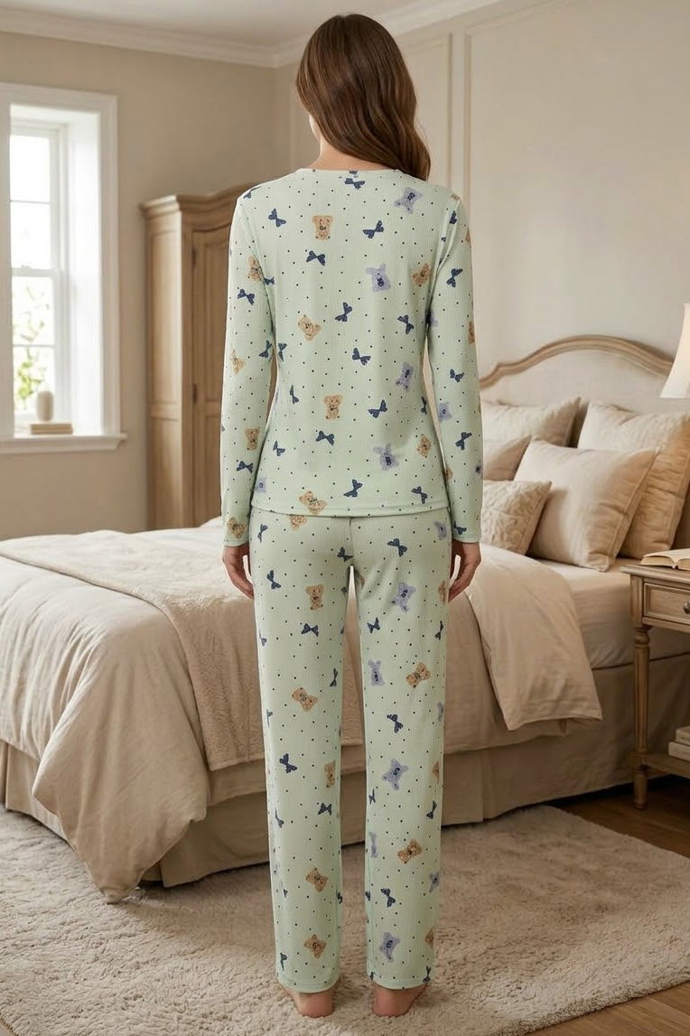 Uzun Kollu Fiyoklu Pijama Takımı Mint - 29094-MINT - 2
