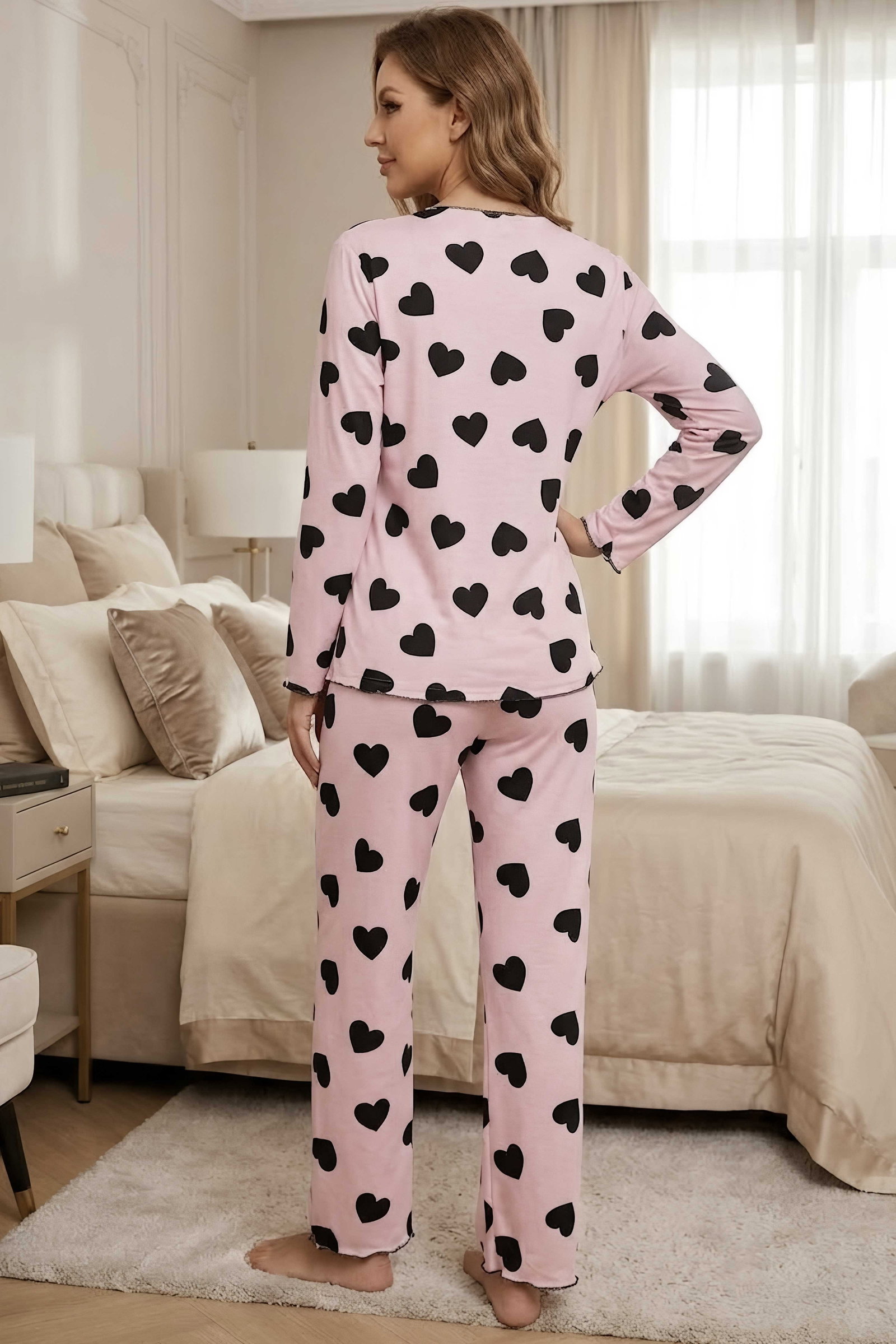 Uzun Kollu Fiyoklu Pijama Takımı Pudra - 29094-PUDRA - 2