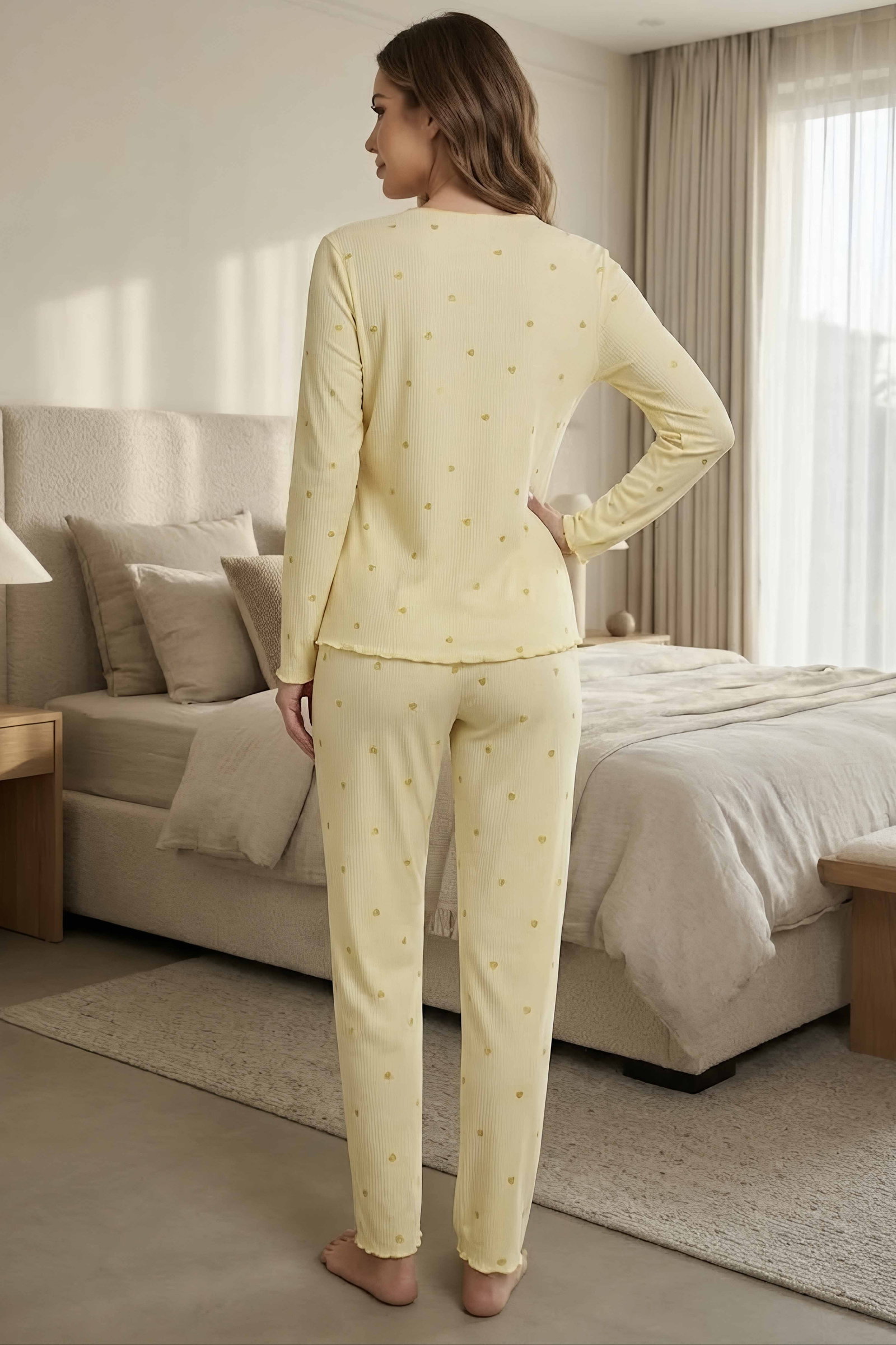 Uzun Kollu Fiyoklu Pijama Takımı Sari - 29094-SARI - 2