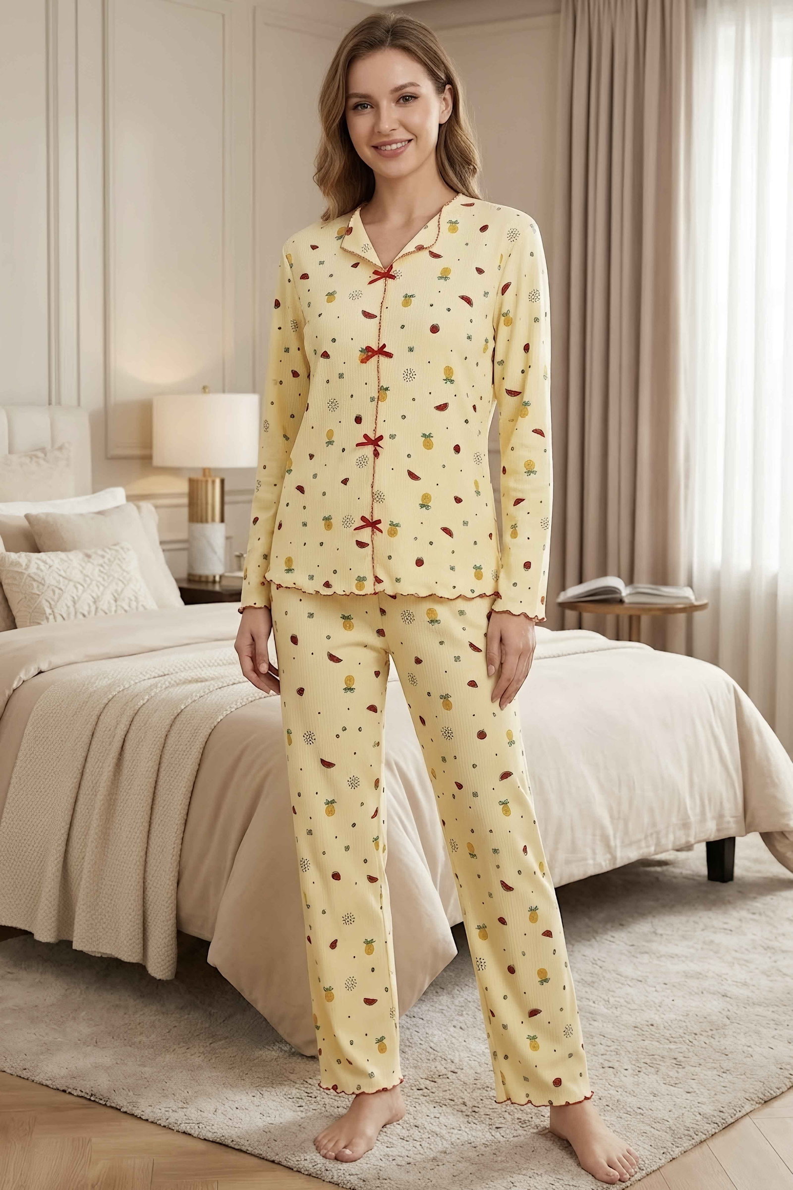 Uzun Kollu Fiyoklu Pijama Takımı Sari Kirmizi - 29094-SARI-KIRMIZI - 1