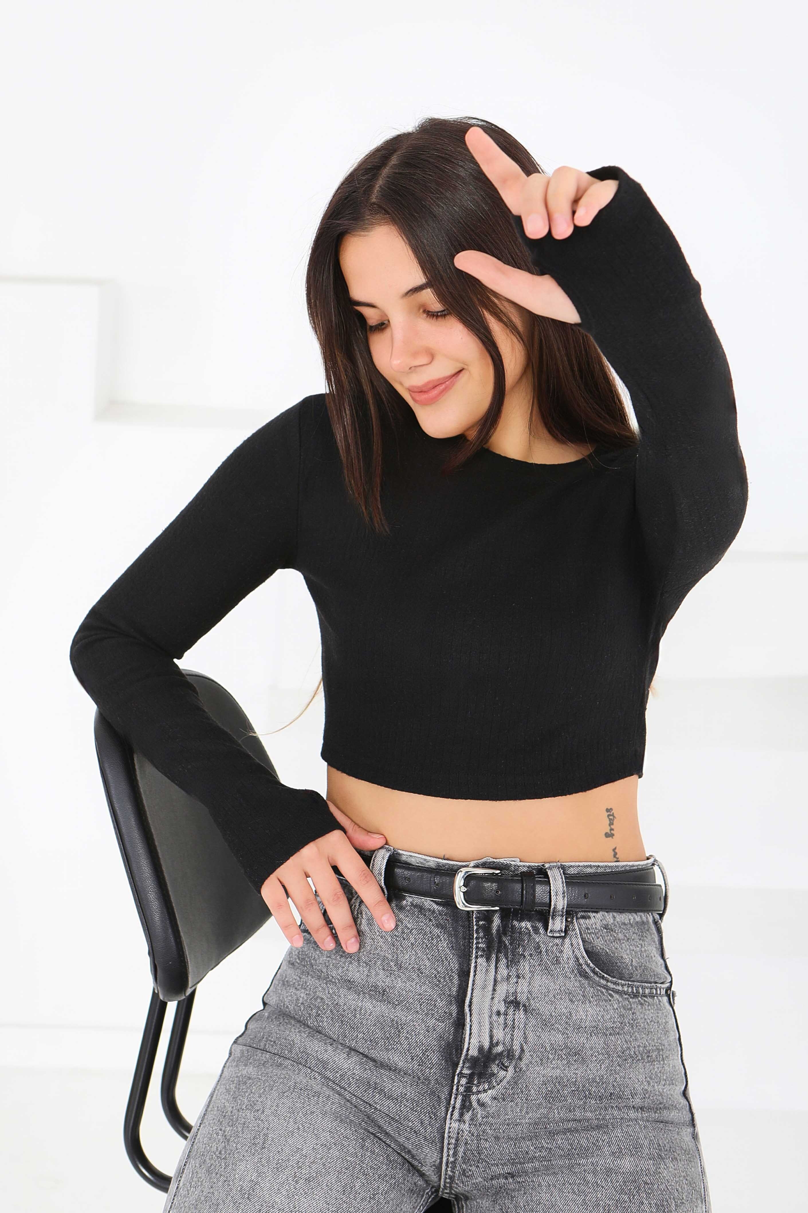 Uzun Kollu Kaşkorse Crop - 27817-SIYAH - 3
