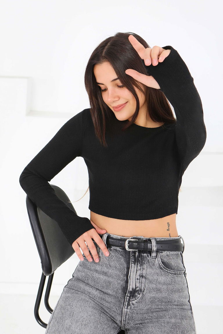 Uzun Kollu Kaşkorse Crop - 27817-SIYAH - TOFİSA