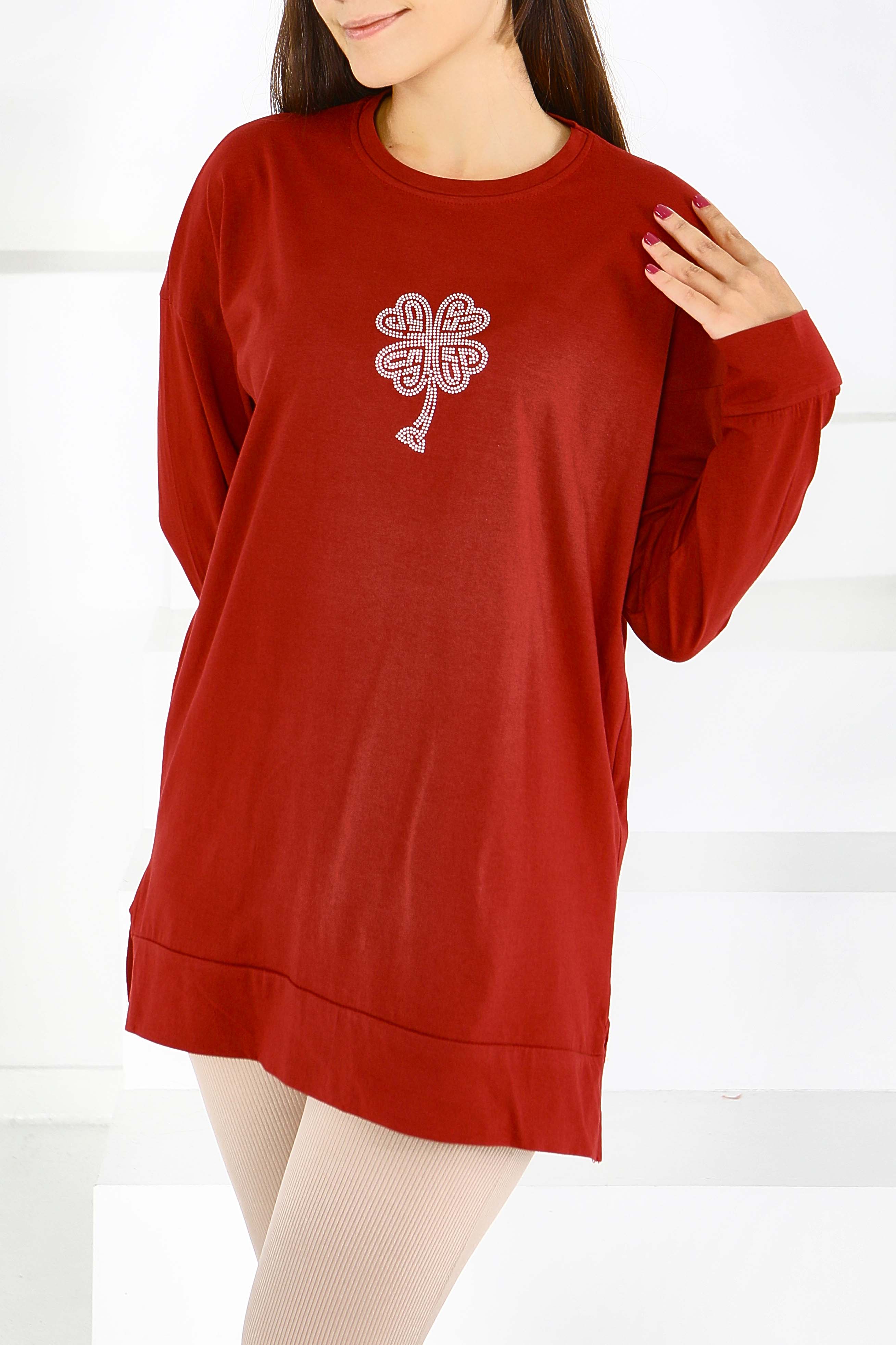 Uzun Kollu Taşlı Tunik - 27582 - 1