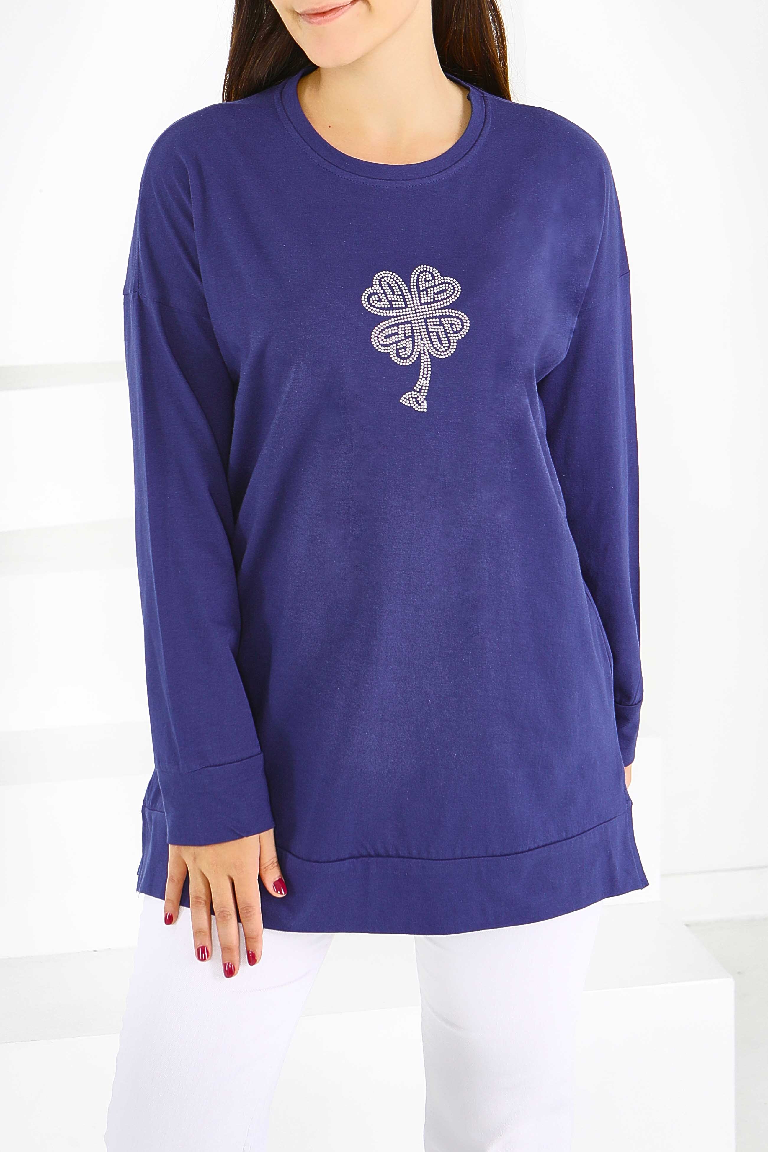 Uzun Kollu Taşlı Tunik - 27582 - 1